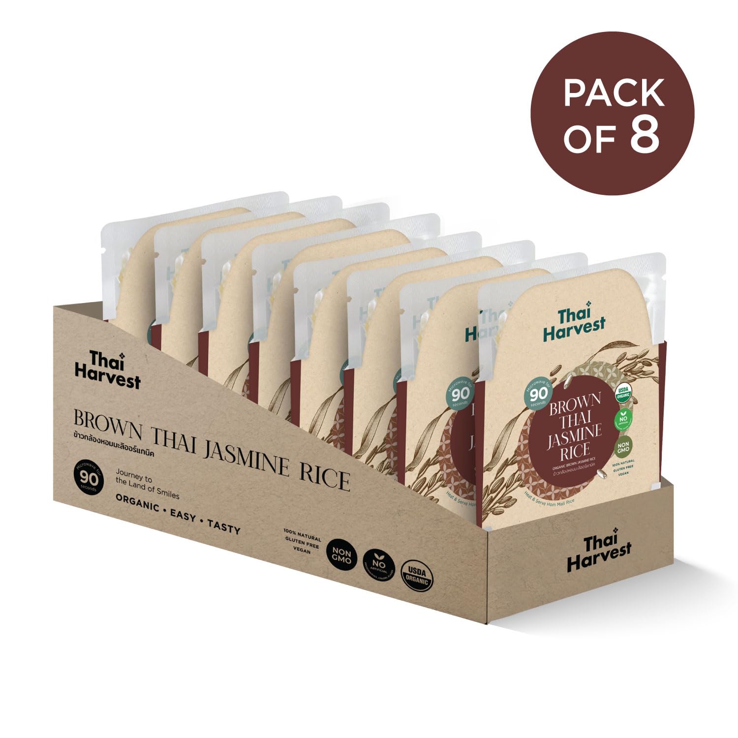 THAI HARVEST 100% USDA Organic Brown Jasmine Rice - 7 Ounce (Pack of 8) | Microwaveable 90 Seconds | Ready to Eat Instant Rice | Gluten Free & Preservative Free | Perfect for Quick Meals, Office Lunches & Emergency Food Supply