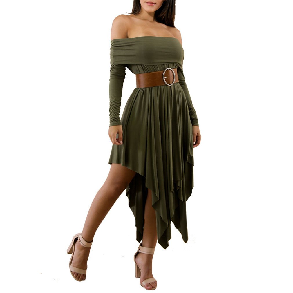 Honghu Women's Off Shoulder Long Sleeve Party Dress with Asymmetrical Hem - Elegant Evening Gown for Cocktail Parties, Date Nights & Special Occasions