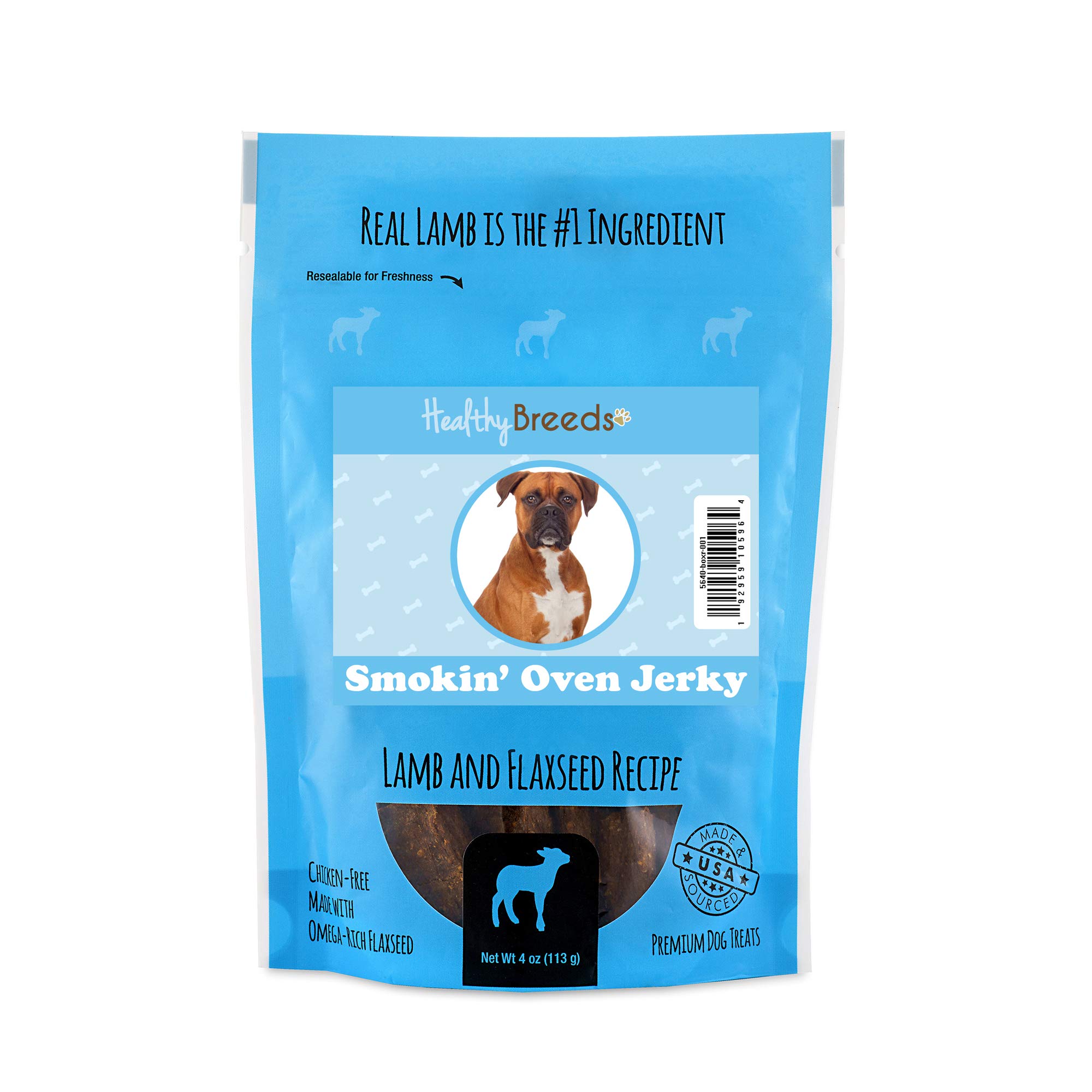 Healthy Breeds Boxer Smokin' Oven Lamb & Flaxseed Recipe Jerky Dog Treats 4oz - All-Natural Protein Snacks for Training, Rewards & Dental Health