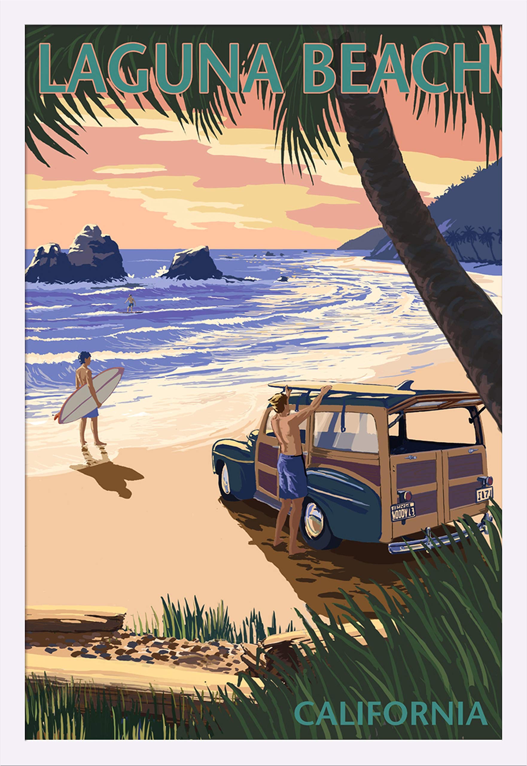 Laguna Beach California Art Print - 24x36 Giclee on Gallery Framed White Wood - Coastal Wall Decor for Living Room, Bedroom & Office - Palm Tree & Woody Beach Landscape Painting