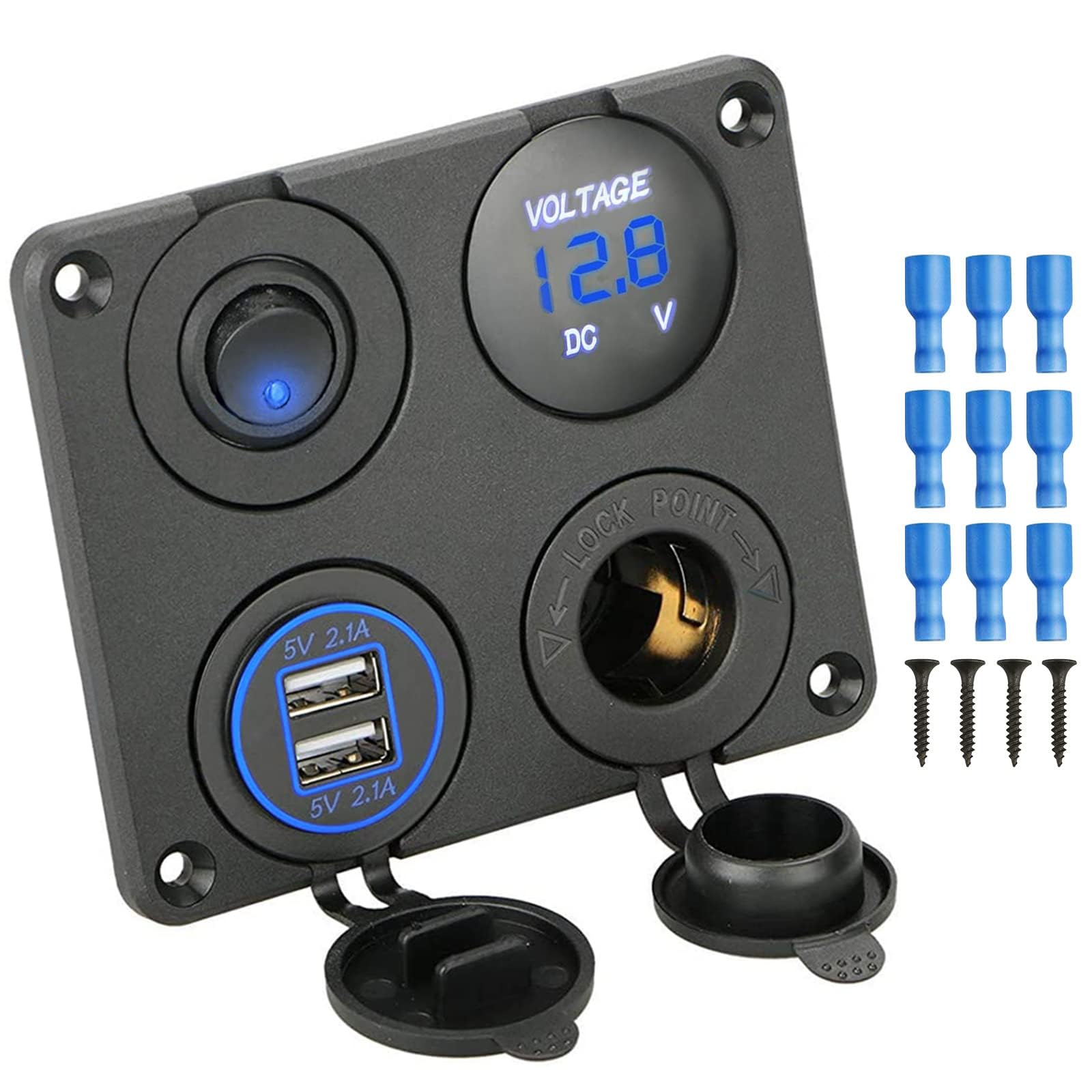 SUNJOYCO 4-in-1 Car Charger Socket Panel with Dual USB Ports, 12V Cigarette Lighter, LED Voltmeter & ON/OFF Switch - Perfect for Road Trips, Camping & Vehicle Power Needs