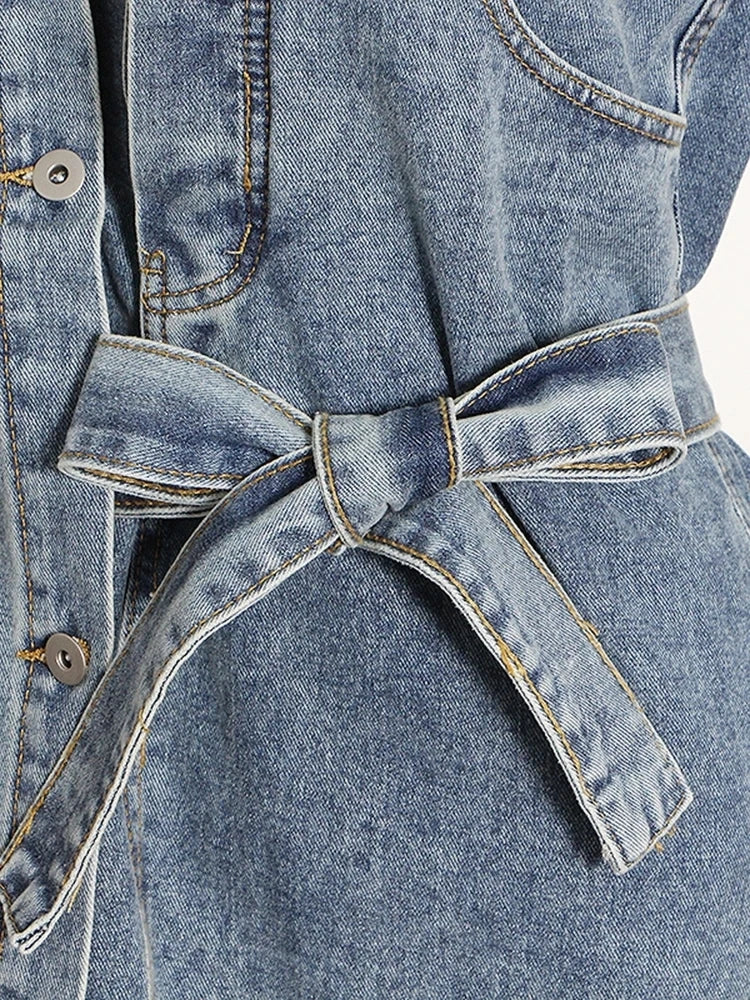 Women's Asymmetrical Patchwork Lace-Up Denim Mini Dress - One Shoulder Lapel Sleeve Design, Casual A-Line Dress for Party, Date Night & Summer Outfits