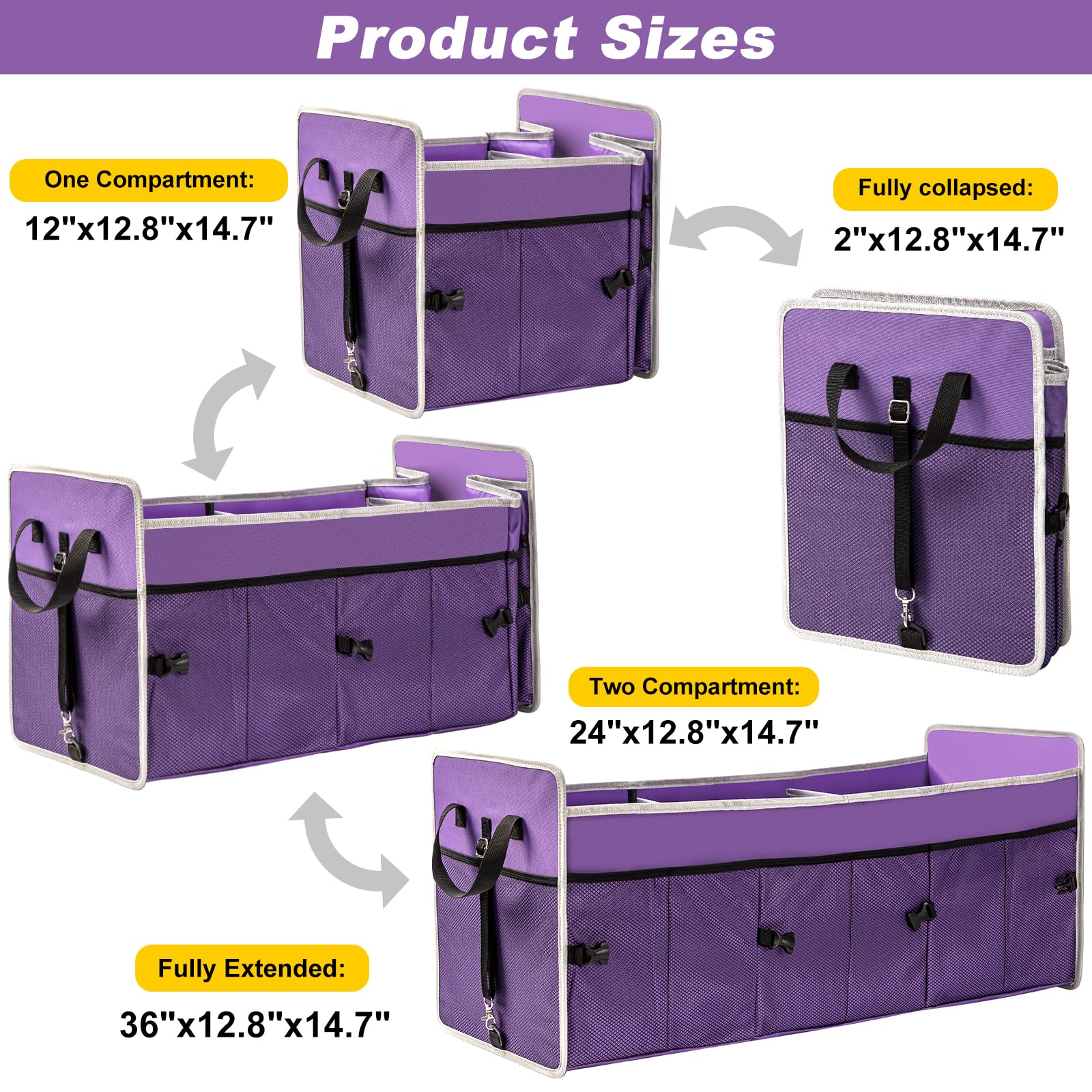 Collapsible 3-Compartment Car Trunk Organizer with Cooler Bag - Foldable SUV Storage Solution for Road Trips, Groceries & Sports Gear (Purple)