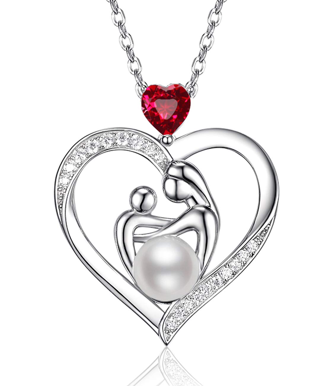 Sterling Silver Heart Necklace for Mom - Personalized Birthstone Jewelry Gift for Mother's Birthday, Wife, Anniversary (Emerald, Pearl, Garnet) | Elegant & Sentimental Present for Special Occasions