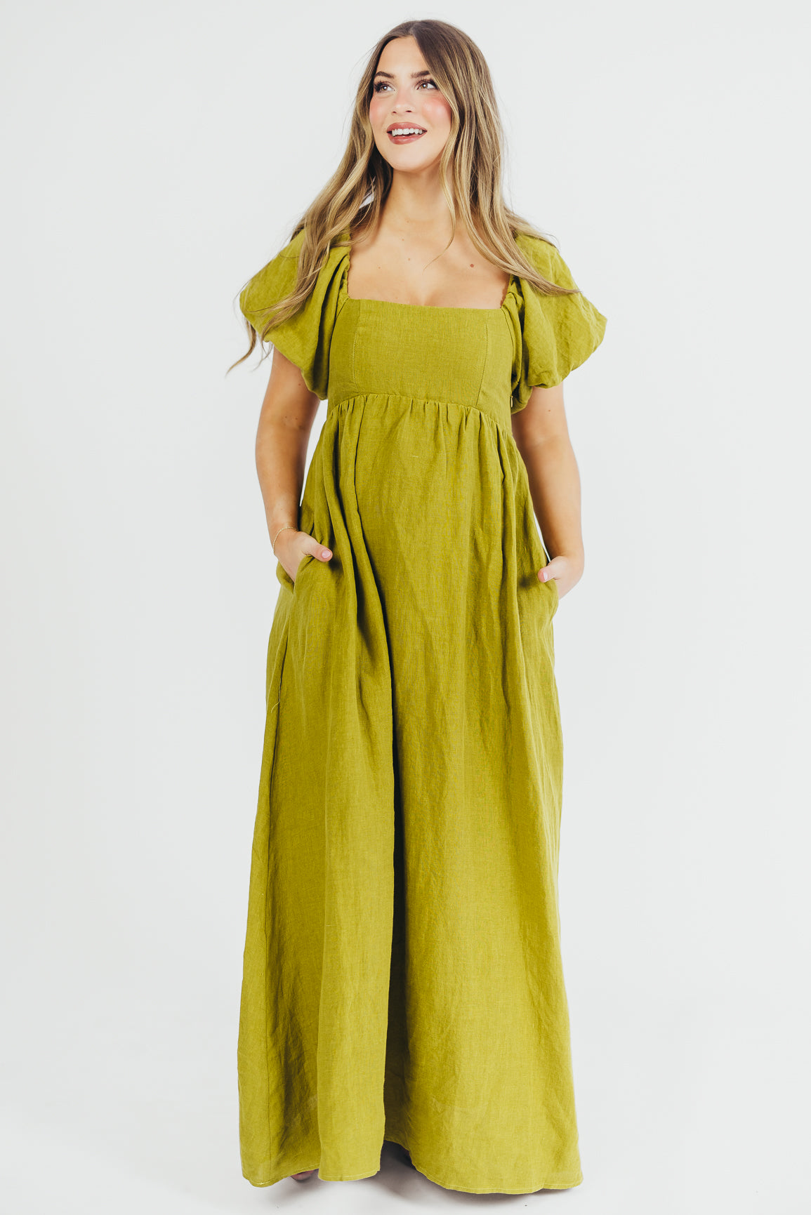Candace Maxi Dress in Olive - 100% Linen Bump Friendly Maternity Dress for Women - Perfect for Summer, Beach, and Casual Outings
