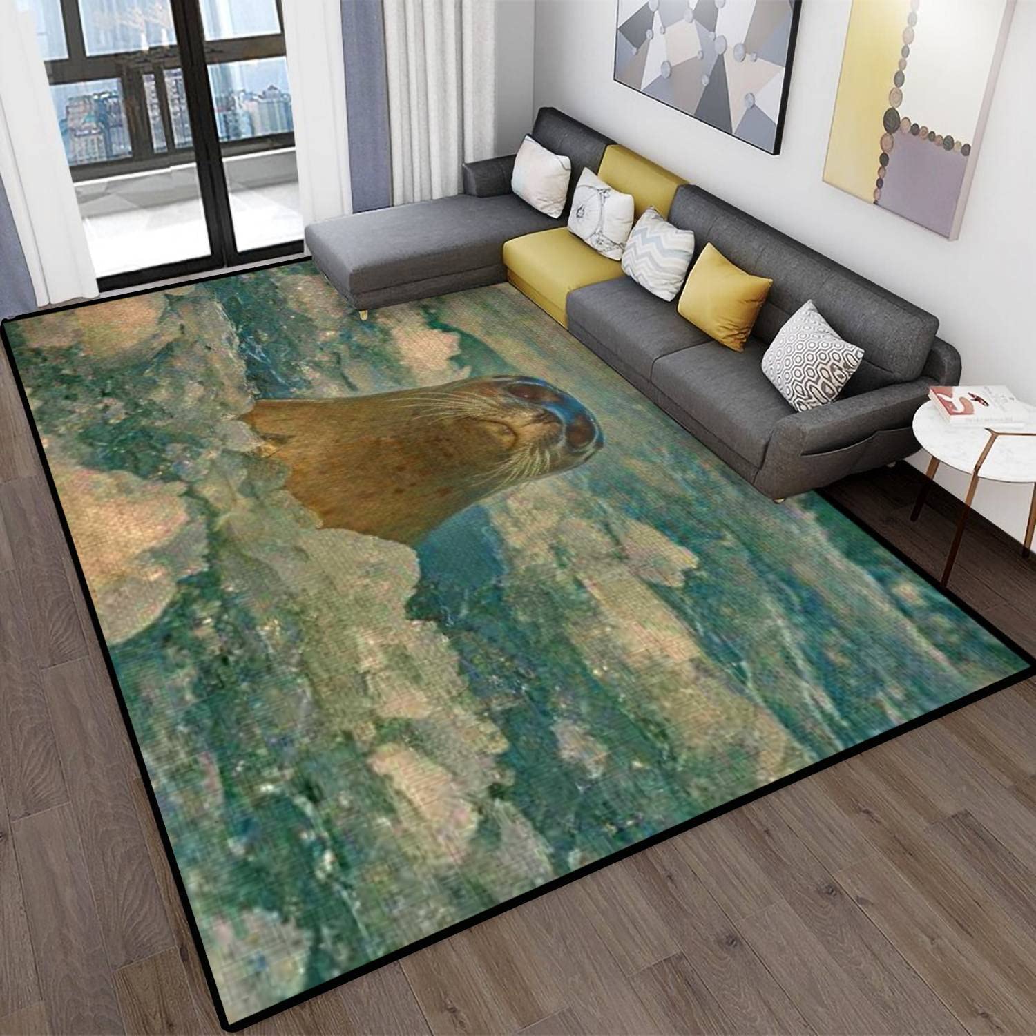 5'×8' Harbor Seal on Ice Area Rug - Non-Slip Indoor/Outdoor Floor Mat for Living Room, Bedroom, Dorm - Soft Phoca vitulina Design from Prince William Sound - Perfect for Coastal, Arctic, or Wildlife-Themed Home Decor