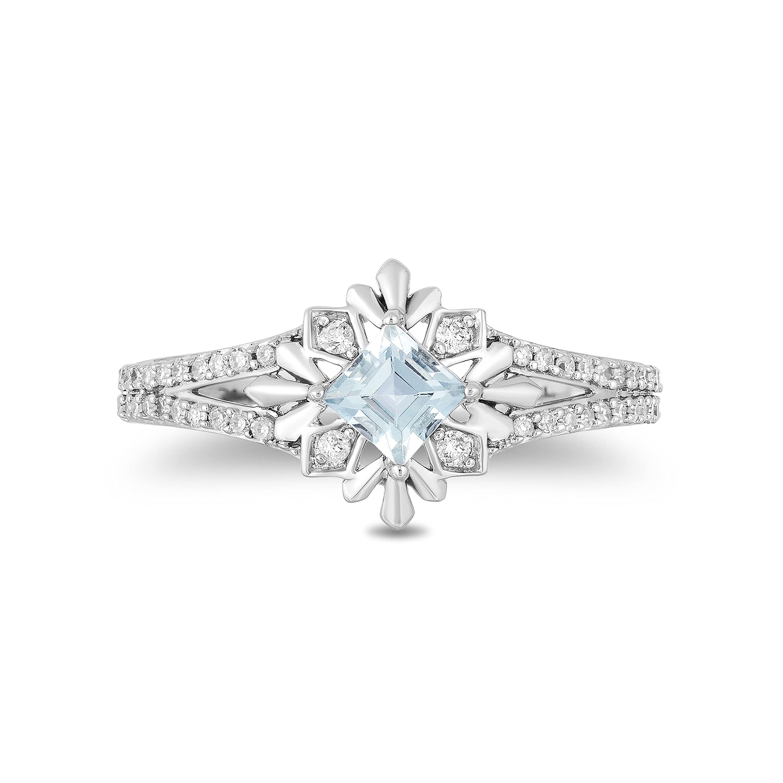 Jewelili Enchanted Disney Elsa Snowflake Ring - Sterling Silver with 1/5 Cttw Aquamarine & Diamond Center | Perfect for Disney Fans, Birthday Gifts & Special Occasions