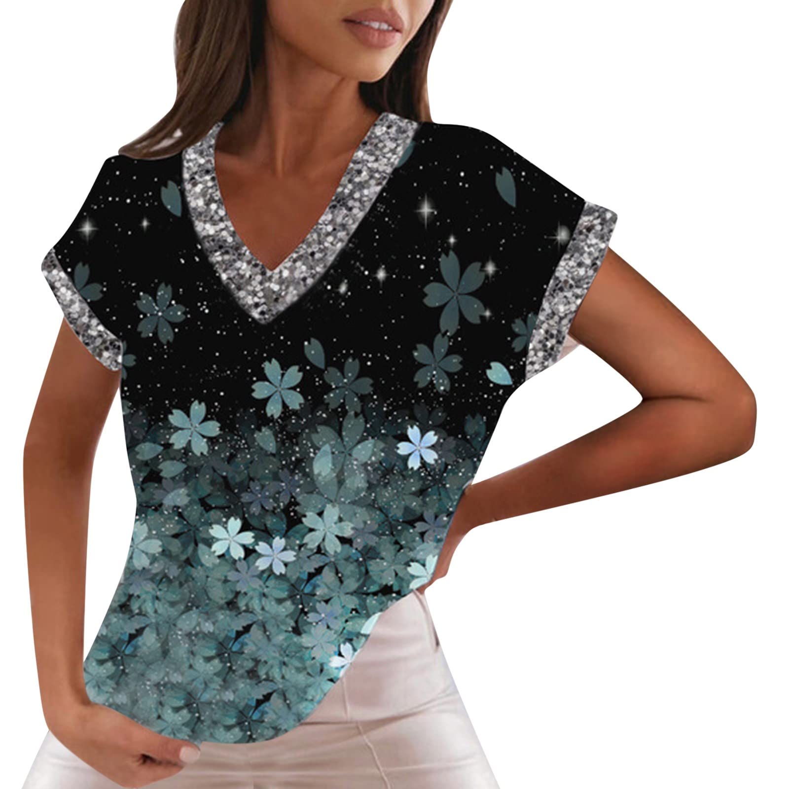 Women's Long & Short Sleeve V-Neck Floral Printed T-Shirts - Summer Casual Tunic Tops for Work, Date Night & Everyday Wear