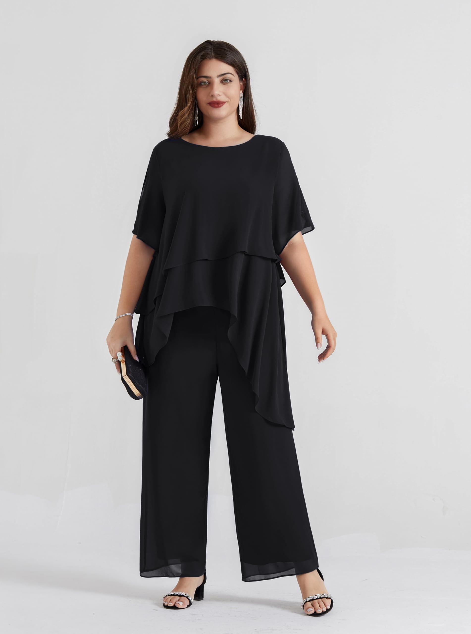 Hanna Nikole 2025 Plus Size Mother of The Bride Pant Suit 2-Piece Chiffon Set with Ruffle Asymmetric Layers - Elegant Wedding Guest Outfit for Formal Occasions, Rehearsal Dinners & Special Events