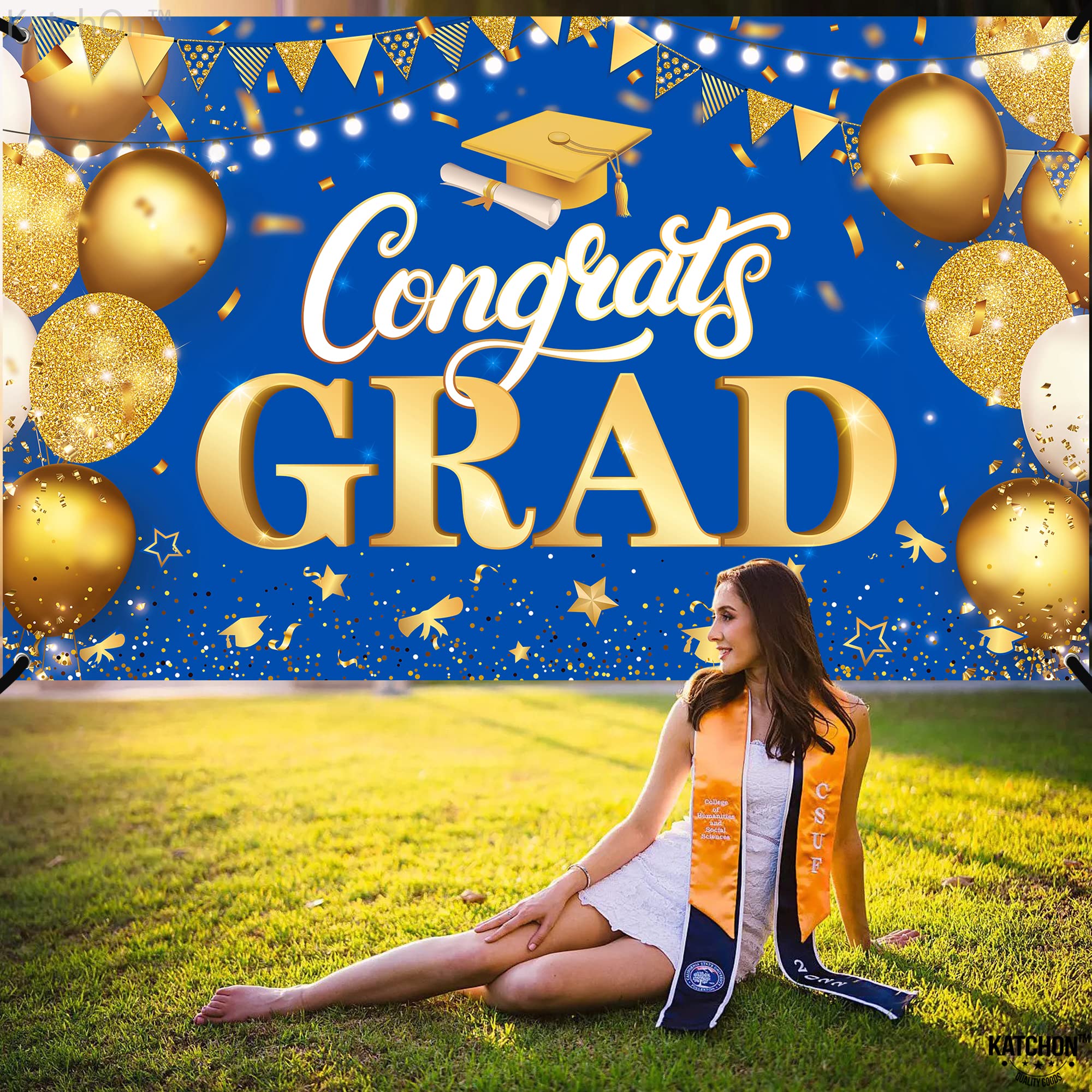 KatchOn Extra Large Congratulations Graduation Banner - 72x44 Inch Class of 2025 Decorations, Blue & Gold Grad Party Supplies for High School & College Commencement Ceremony - Perfect for Graduation Party Decor, Photo Backdrops & School Events