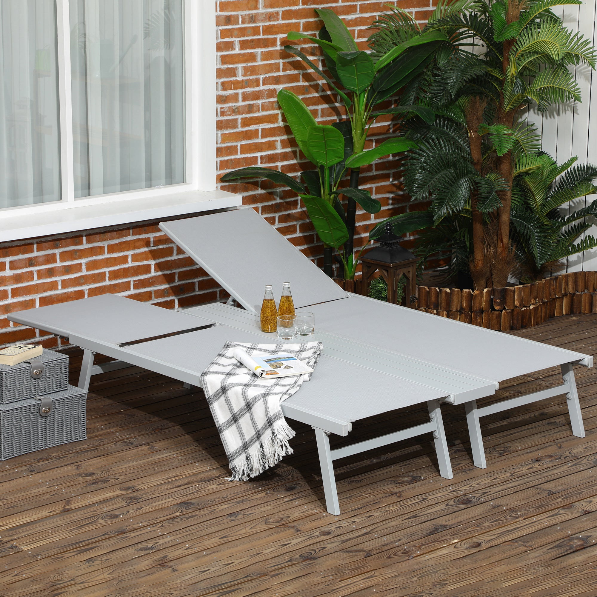 2-Pack Light Gray Aluminum Chaise Lounge Pool Chairs - 5-Position Reclining Outdoor Sunbathing Chairs with Storage Shelf & Breathable Mesh for Beach, Backyard, Patio, Garden Relaxation