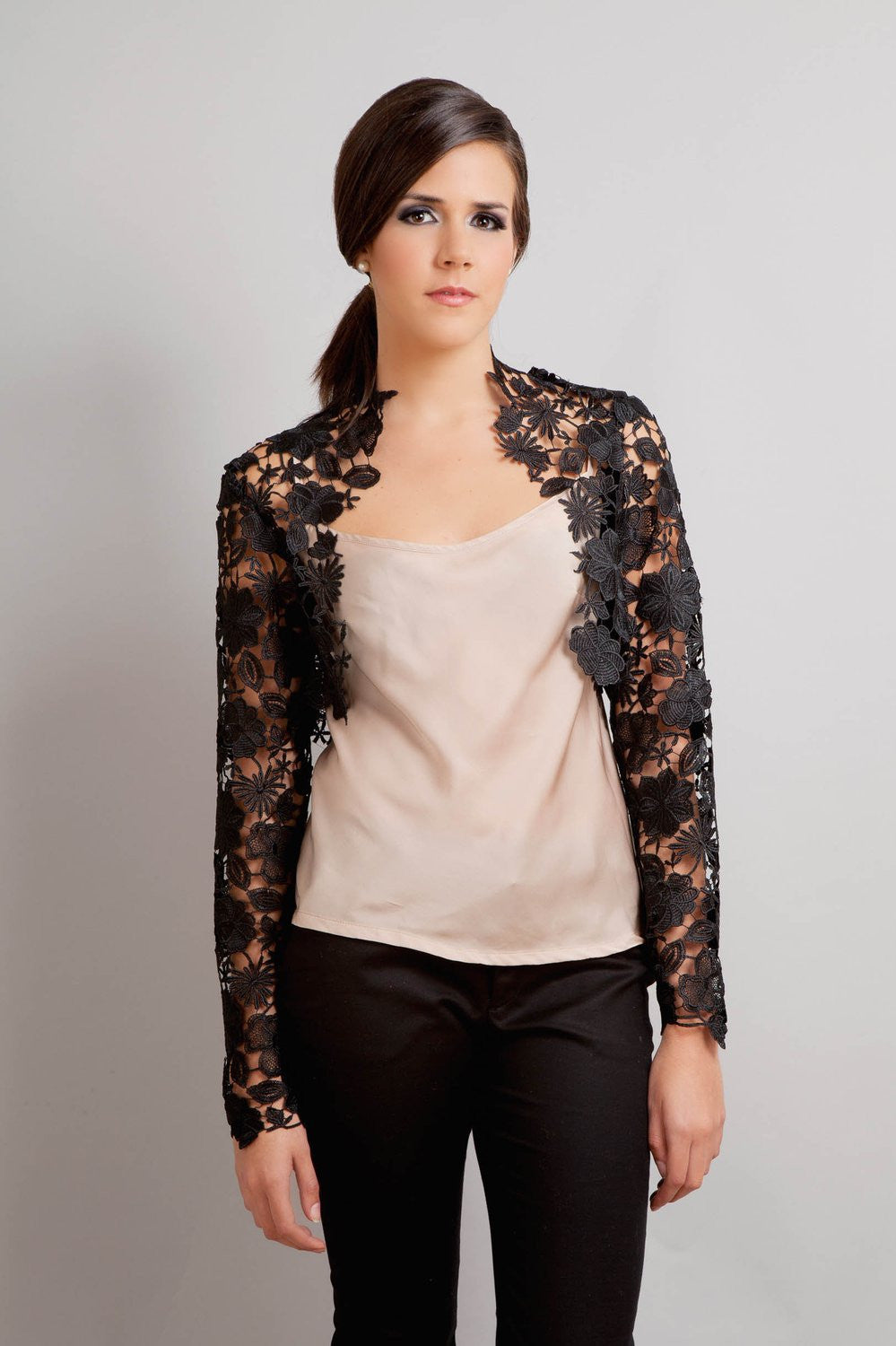 Elegant Krista Italian Guipure Lace Bolero Shrug - Black | Vintage-Inspired Bridal Cover-Up for Weddings & Evening Events