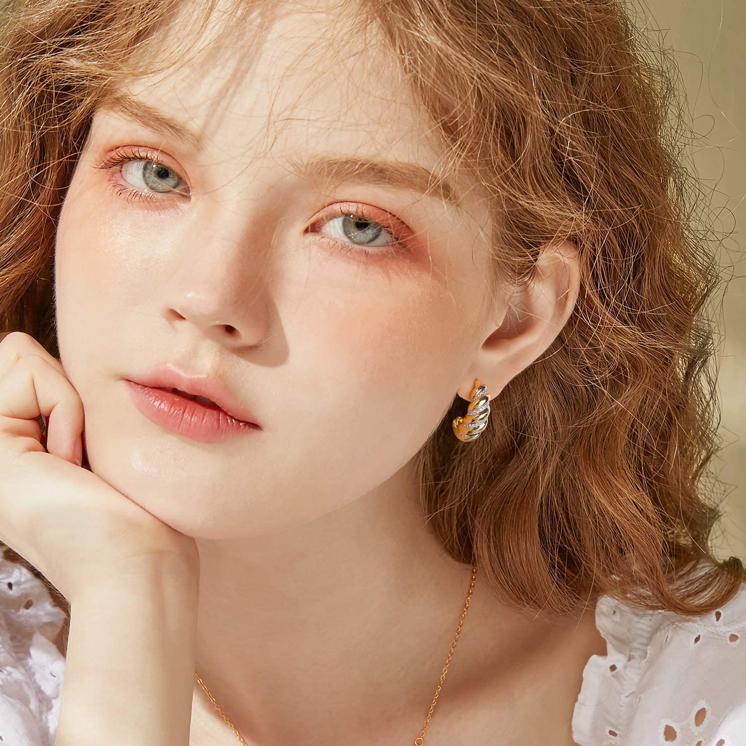 14K Gold Plated Croissant Hoop Earrings for Women - 925 Sterling Silver Huggie Earrings with CZ Stones | Trendy Twisted Round Chunky Hoops | Perfect Mother's Day Gift, Birthday Present & Everyday Fashion Jewelry
