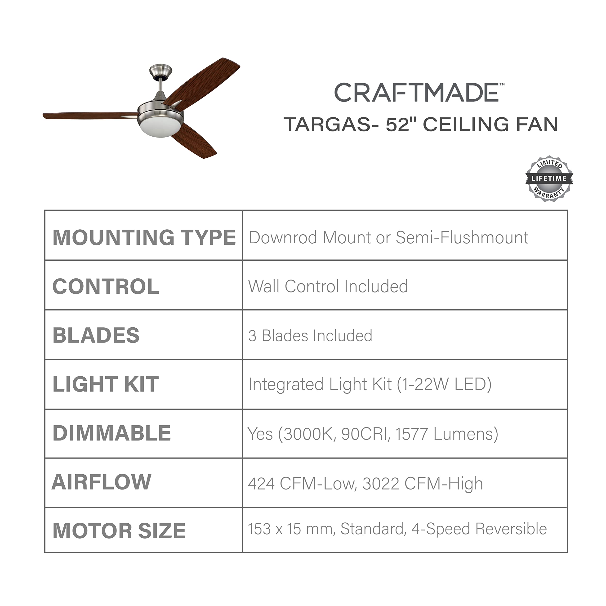 Craftmade 52 Inch 3 Blade Ceiling Fan with Dimmable LED Light & Wall Control - TG52ESP3 Targas Espresso Finish | Perfect for Living Room, Bedroom, and Outdoor Patio Cooling