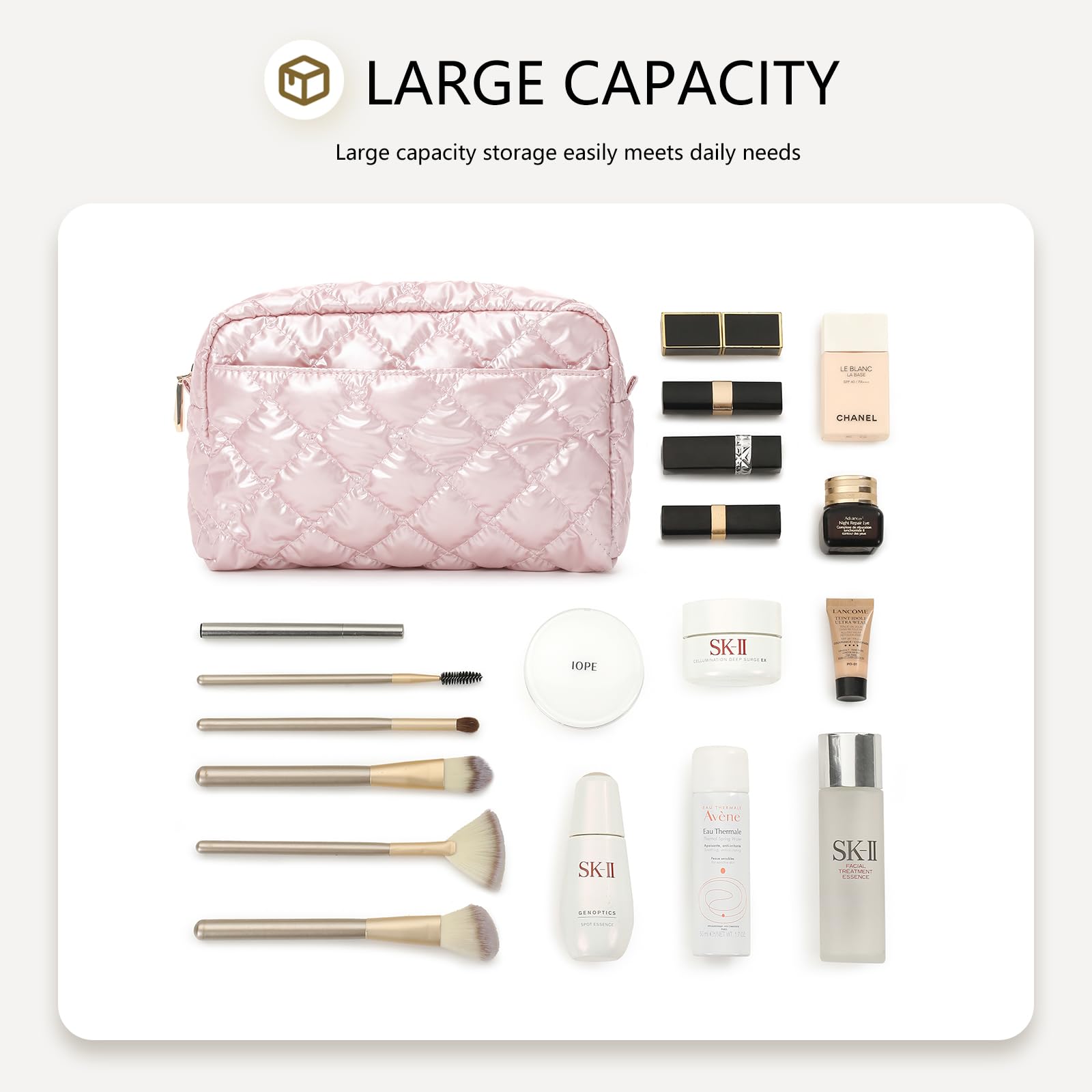 Waterproof Quilted Travel Cosmetic Bag with Zipper - Portable Makeup Organizer Pouch for Women, Puffer Toiletry Bag for Daily Use & Travel, Classy Gift Idea (Pink) - Perfect for Gym, Vacation, Business Trips & On-the-Go Touch Ups