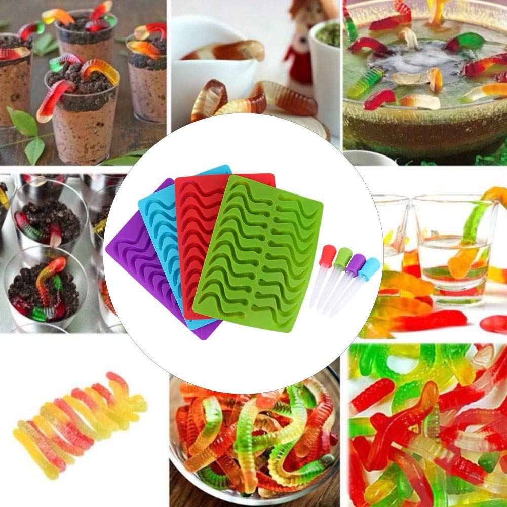 Premium Silicone Gummy Worm Molds Set of 4 - Candy, Chocolate & Ice Cube Trays with 4 Droppers - Perfect for DIY Treats, Baking Decorations & Party Favors