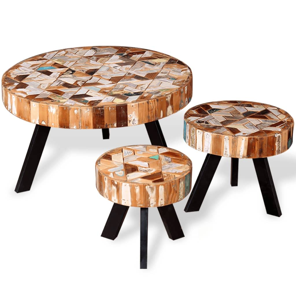 Rustic Round Coffee Table Set of 3 - Solid Reclaimed Wood Side Tables for Living Room, Bedroom & Study - Perfect for Small Spaces, Farmhouse Decor & Cozy Home Settings