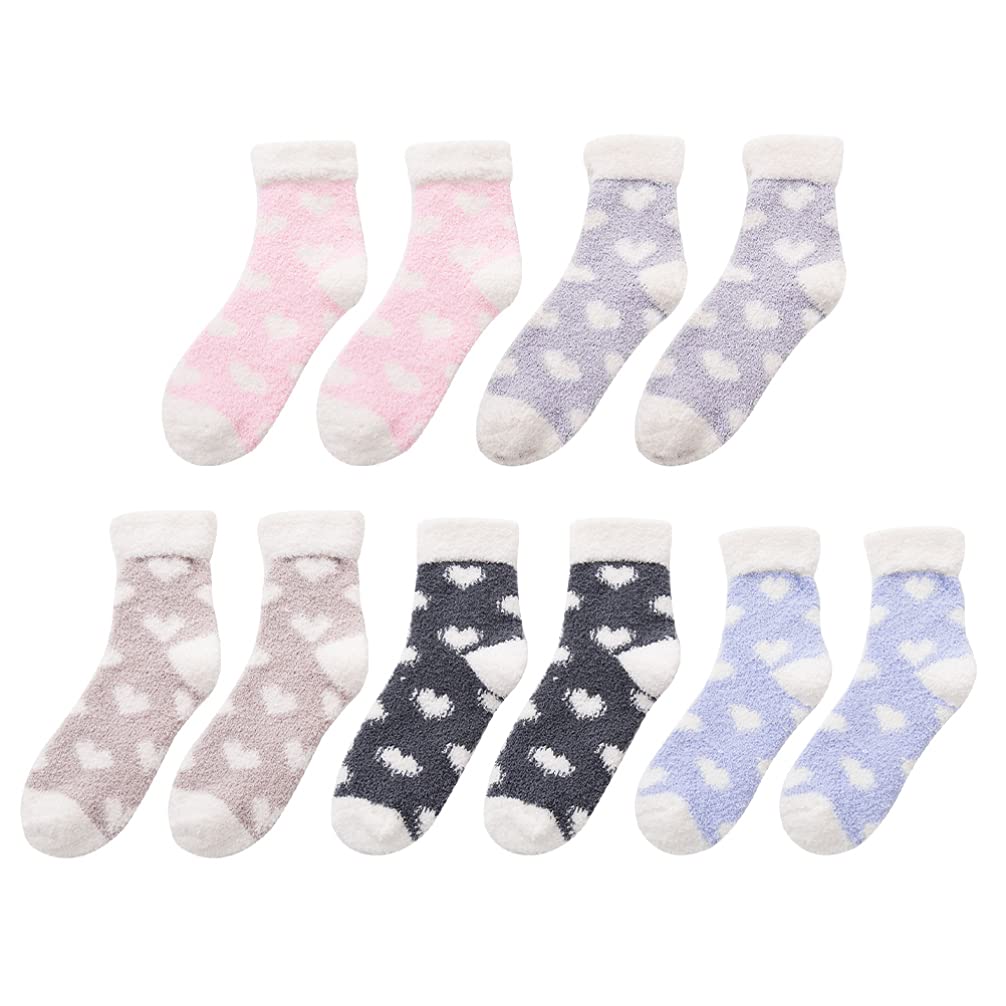 5 Pairs Coral Fleece Socks with Heart Pattern - Ultra Soft Warm Winter Socks for Women & Men - Cozy Fluffy House Socks for Sleeping, Lounging & Cold Floors