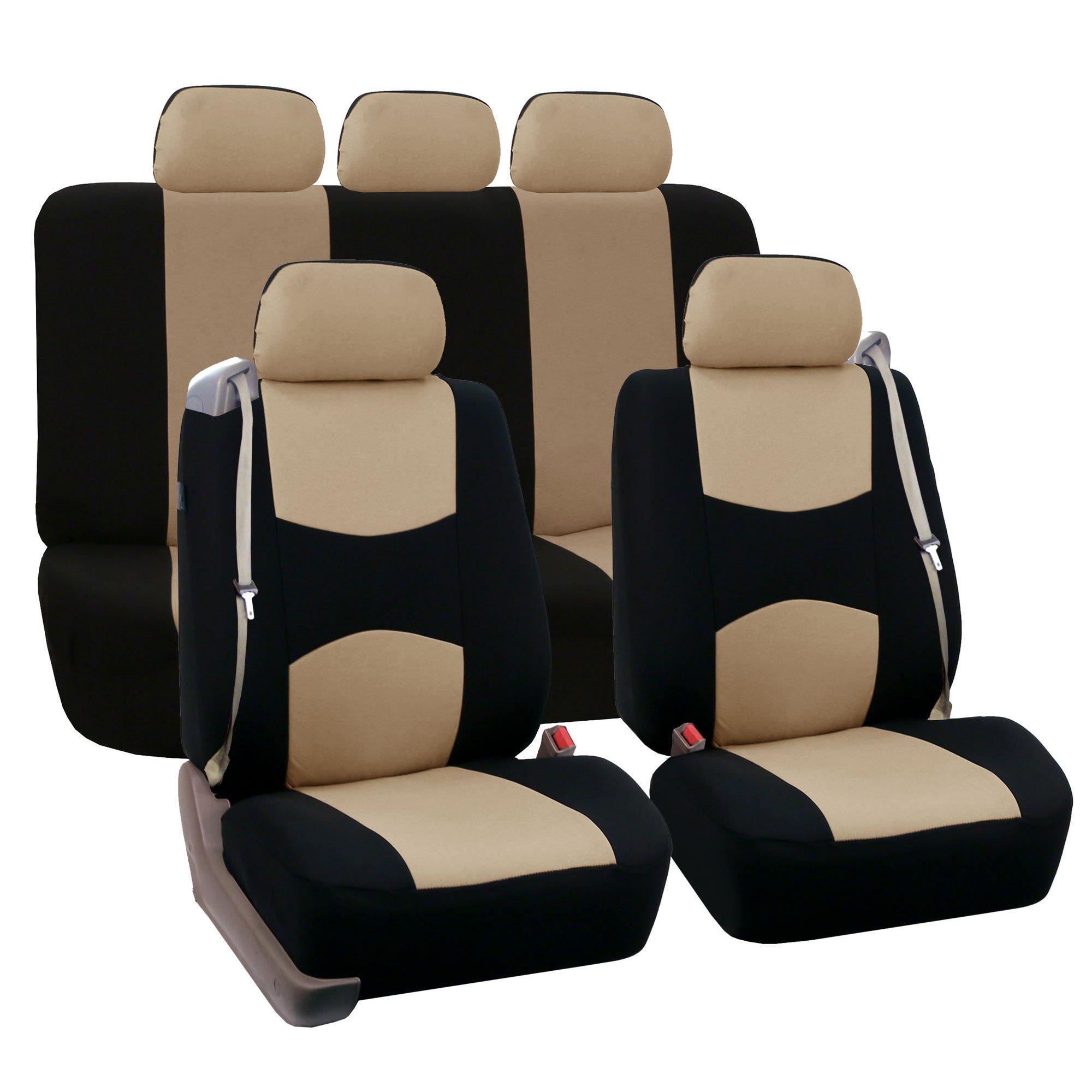 TLH Universal Flat Cloth Car Seat Covers Full Set with Built-in Seat Belts - Airbag Compatible, Includes Carpet Floor Mats & Steering Wheel Cover (Beige Combo) | Perfect for SUVs, Sedans & Trucks - Enhances Comfort & Protects Interior