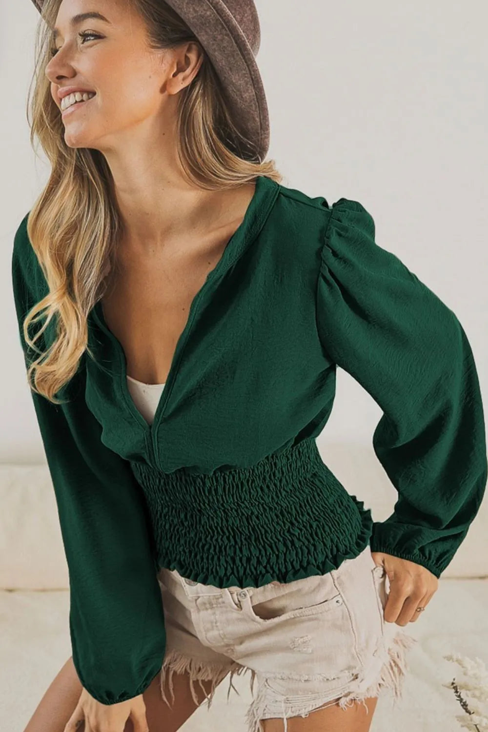 BiBi Smoking Waist Band & Puff Sleeves Deep V Neck Top - Women's Chic Blouse for Party, Date Night & Special Occasions