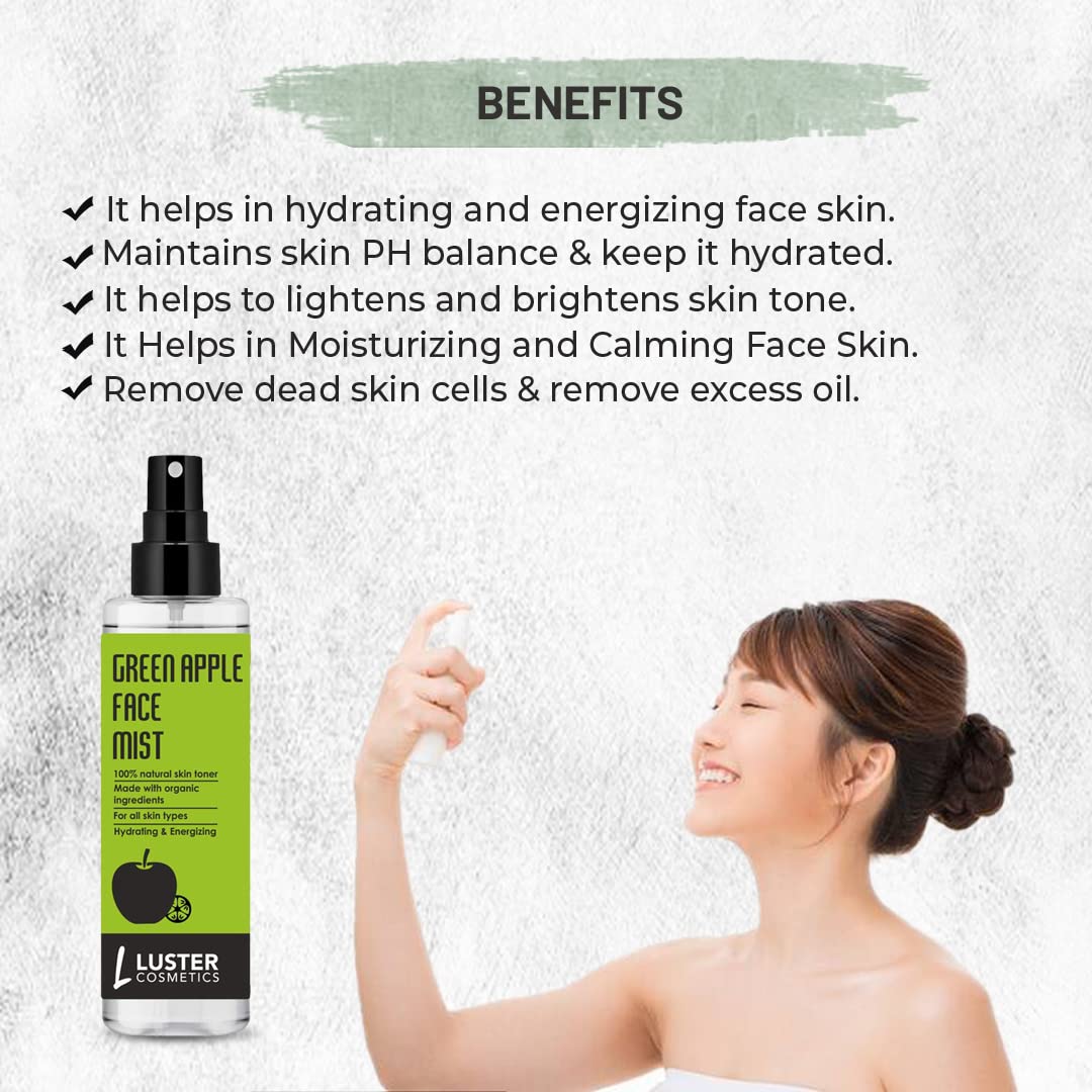 Luster Cosmetics Combo Pack: Fruit Glow Fairness Facial Kit (120ml) & Green Apple Face Mist Toner (115ml) | Glowing Skin & Deep Cleansing Treatment | Paraben & Sulfate Free Skincare Set | For Women & Men | Perfect for Daily Skincare Routine & Travel Essentials