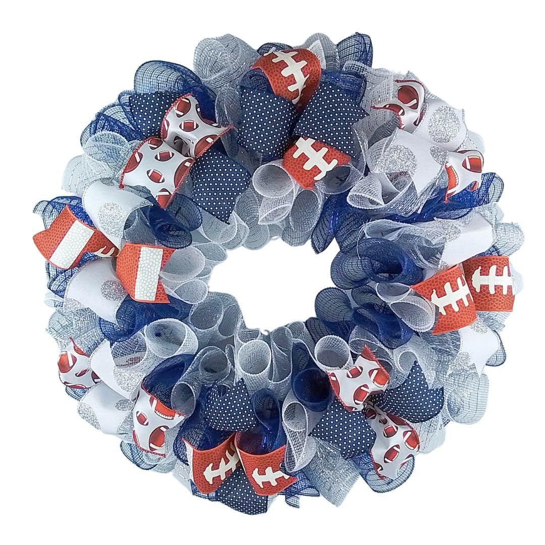 Navy Silver White Football Mesh Wreath - Custom Team Sports Door Decor for Outdoor Front Door - Perfect for Game Day, Tailgating, and Homecoming Celebrations