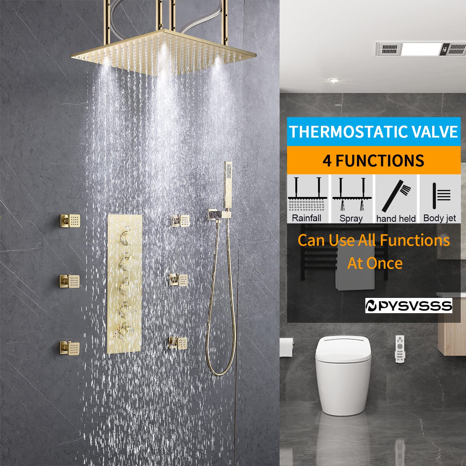 4-Way Thermostatic Shower Valve - Concealed 4-Outlet Shower Diverter Mixing Valve with Flow Control - Brushed Gold Finish - Perfect for Modern Bathroom Shower Systems (Can Run Multiple Outlets Simultaneously) - Ideal for Spa-Like Showers, Rainfall Showers & Multi-Head Bathroom Setups
