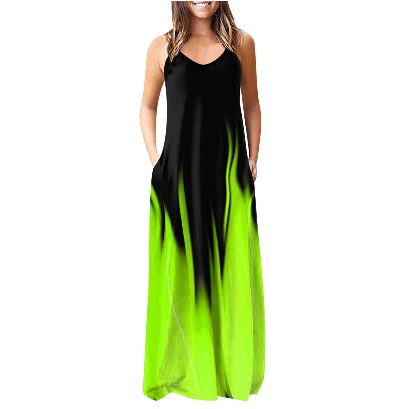 YSLMNOR Summer Plus Size Dresses for Women - Gradient Print Long Maxi Dress with Pockets, Sleeveless Crewneck | Beach Vacation, Casual Outing, Party Wear