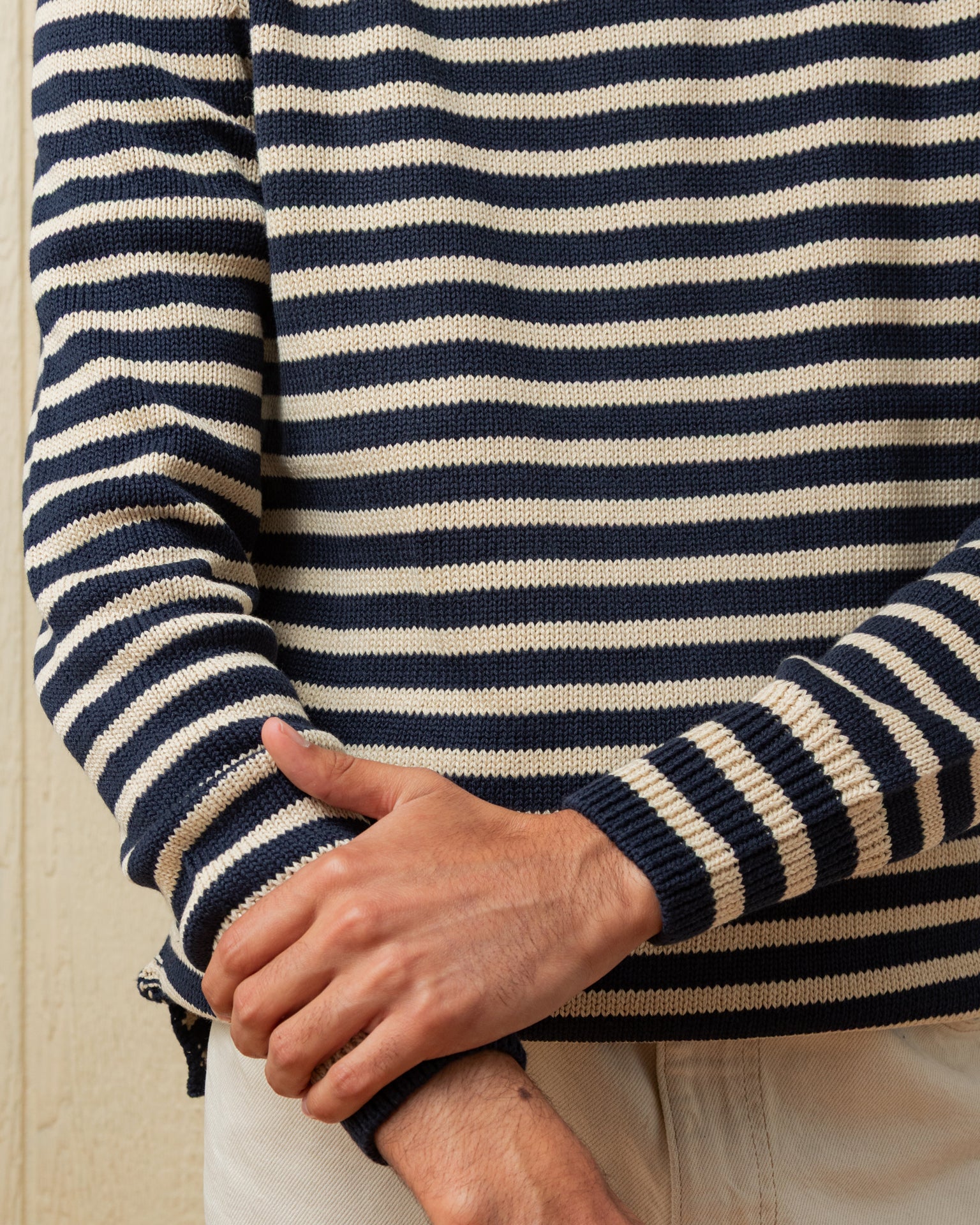 Premium Cotton Linen Blend Fisherman's Sweater - Navy & Sand Striped Pullover for Men & Women | Cozy Casual Wear for Fall, Winter & Outdoor Activities