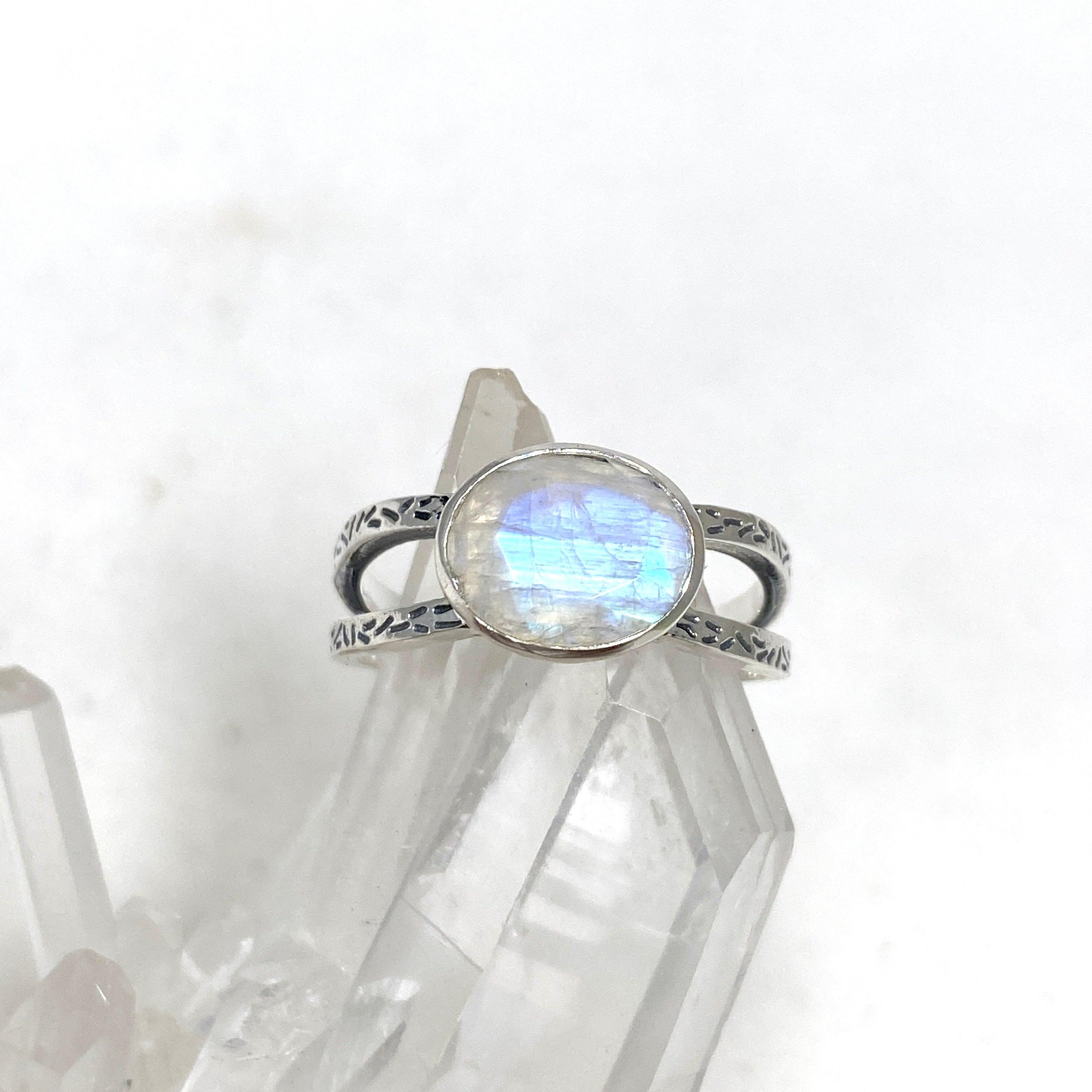 Moonstone Faceted Oval Decorative Split Band Ring R3861 - Elegant Bohemian Jewelry for Women, Perfect for Weddings, Parties & Everyday Wear