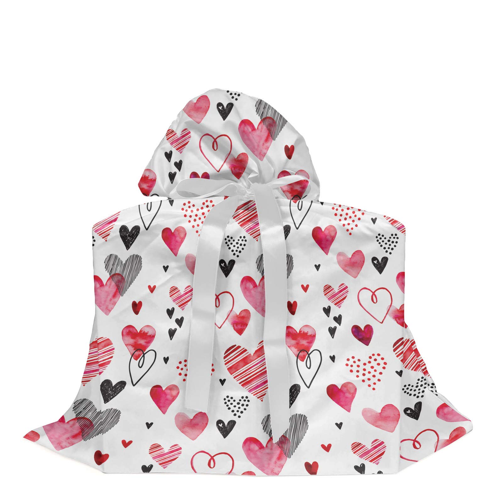 Ambesonne Valentine's Day Fabric Gift Bag - Romantic Heart Shapes, Watercolor Striped Art Design with 3 Ribbons (27