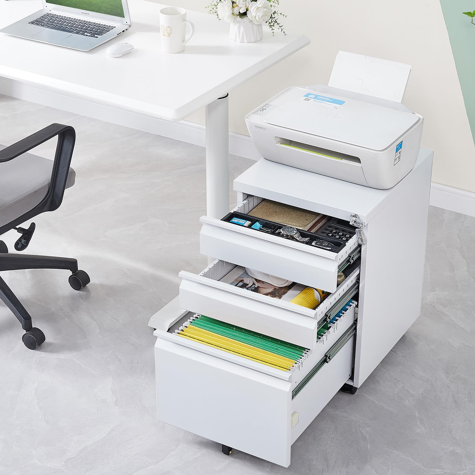 3 Drawer Mobile File Cabinet with Lock & Wheels - Anti-Tilt Metal Vertical Filing Cabinet for Office - Rolling Desk Storage for Letter/Legal Size Documents - Perfect for Home Office & Workspace Organization (White)