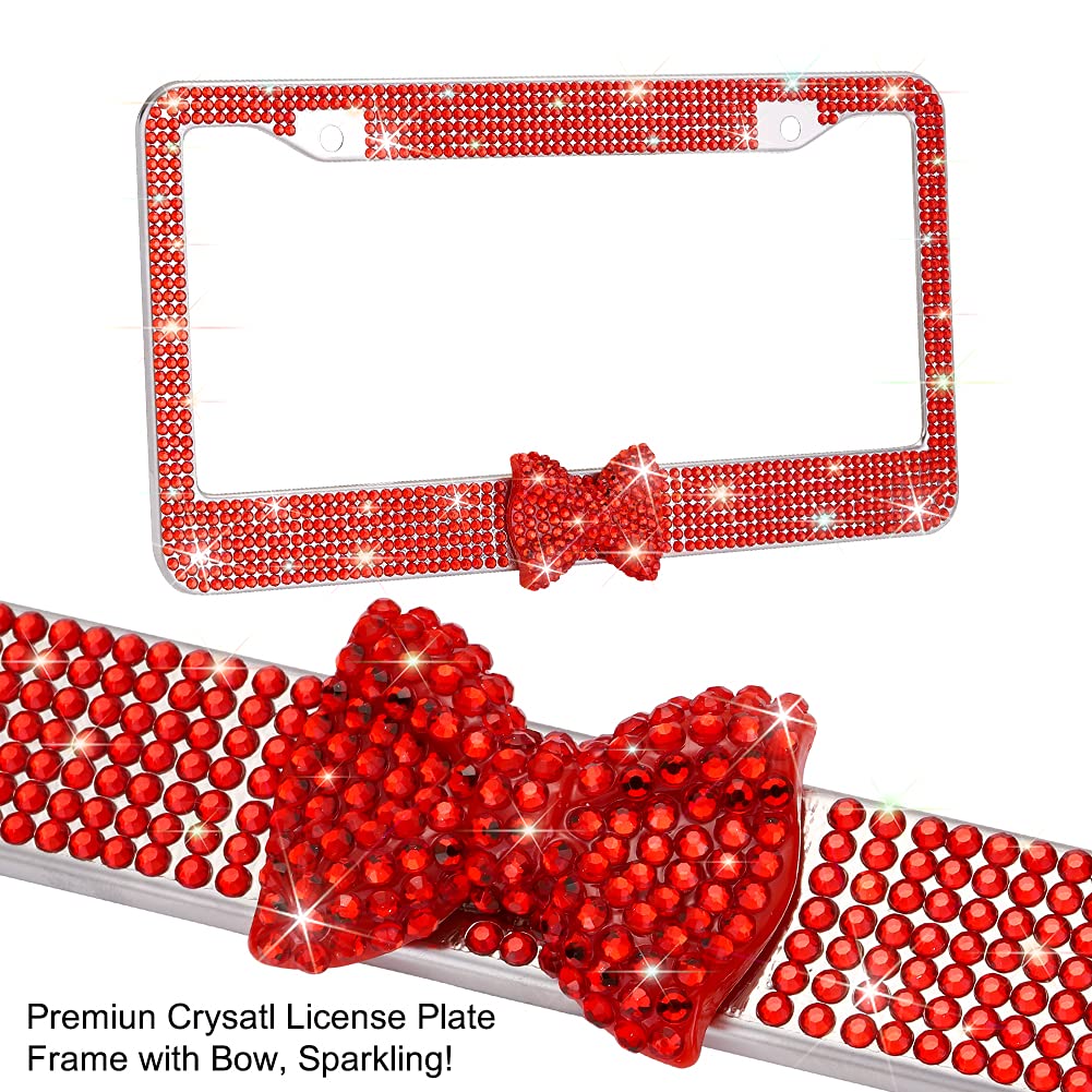 OTOSTAR Bling Rhinestone License Plate Frame with Ribbon Bow - Premium Stainless Steel 2 Hole Holder with Anti-Theft Screws (Red/Red Bowtie) - Perfect for Car Decoration & Gift Giving