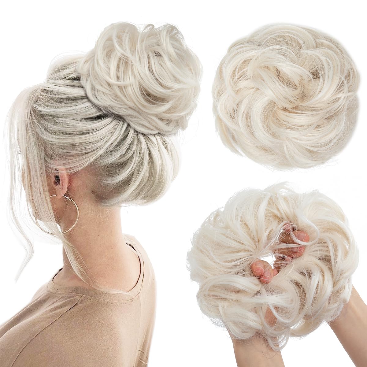 Sheetal Traders Messy Bun Hair Piece - Wavy Curly Synthetic Hair Scrunchie Extension for Women | Thick Chignon Ponytail Updo Hair Accessory | Platinum Blonde (1 Piece) - Perfect for Parties, Weddings & Everyday Styling