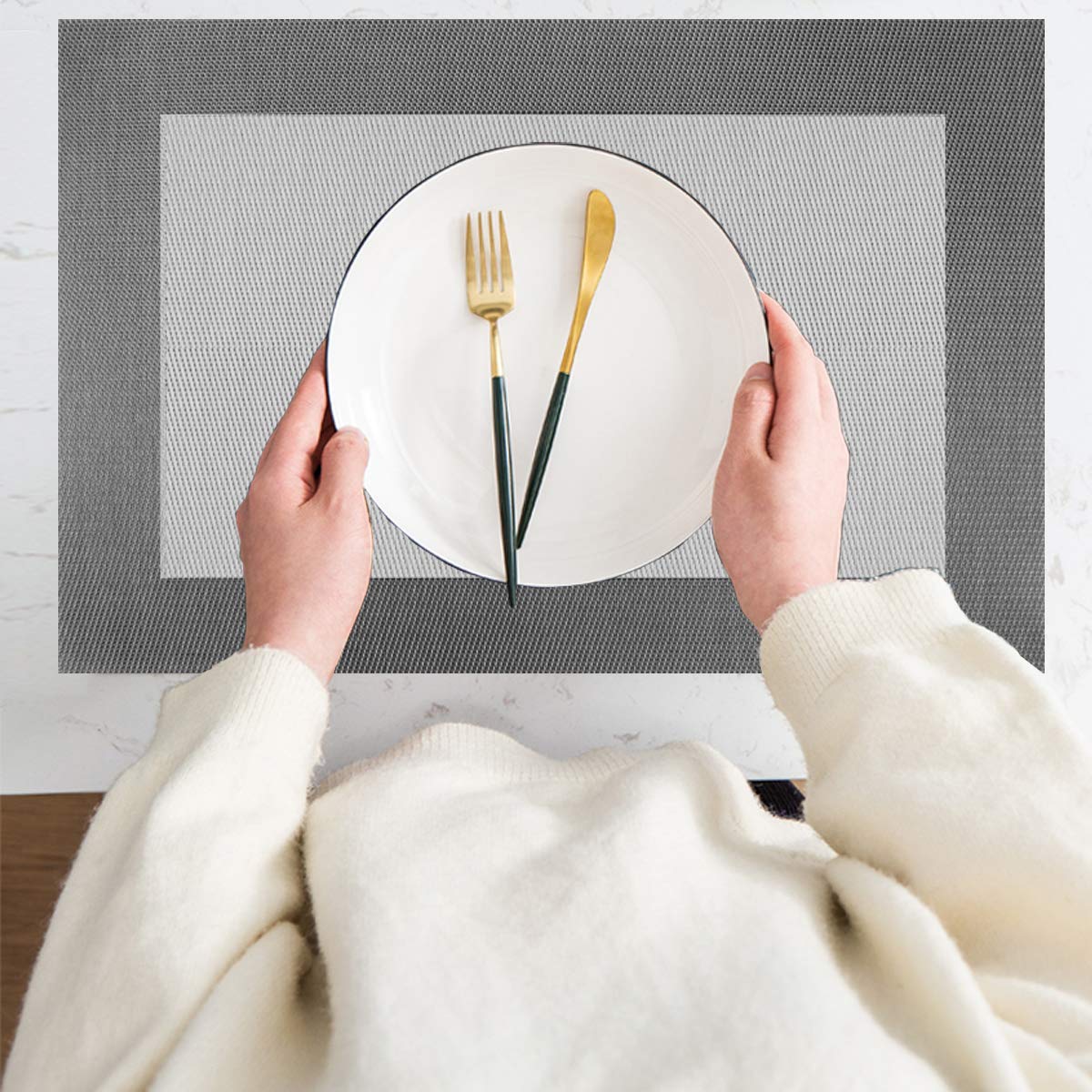 Modern Elegant Washable Vinyl Placemats Set of 6 with Table Runner - Non-Slip Durable Table Mats for Dining Room, Kitchen, Party Decor (6 Placemats + 1 Runner, Silver)