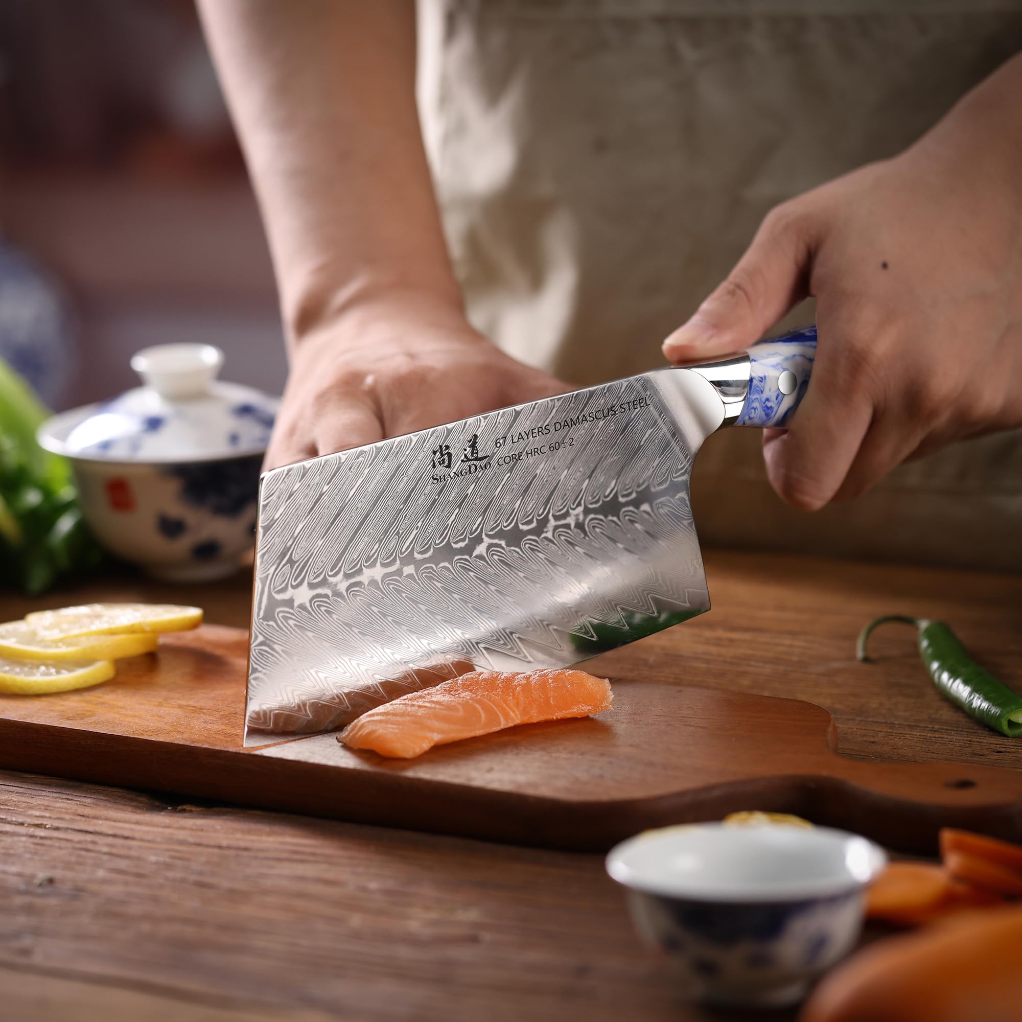 7 Inch Chinese Chef Knife - Professional Damascus Steel Cleaver for Chopping Vegetables & Meat - Forged Blue & White Resin Handle with Full Tang - Perfect for Home Kitchen, Restaurant & Butcher Use - HUA Series