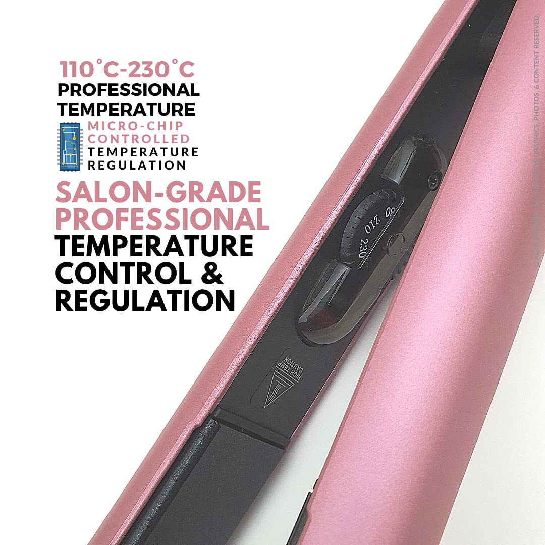 Alan Truman AT-104 Soft Pink Tourmaline Ceramic Hair Straightener - 1 Inch Flat Iron for Smooth & Shiny Hair - 450°F Adjustable Temperature - Perfect for Home Use, Travel & Salon Styling - Metallic Pink (500g)