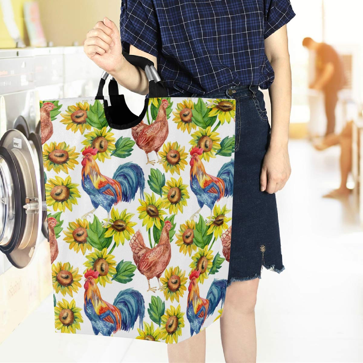 Visesunny Hen & Rooster Sunflower Large Collapsible Laundry Hamper - Foldable Portable Dirty Clothes Basket with Handles, Waterproof Oxford Fabric Washing Bin - Perfect for Home, Dorm, Travel & Camping