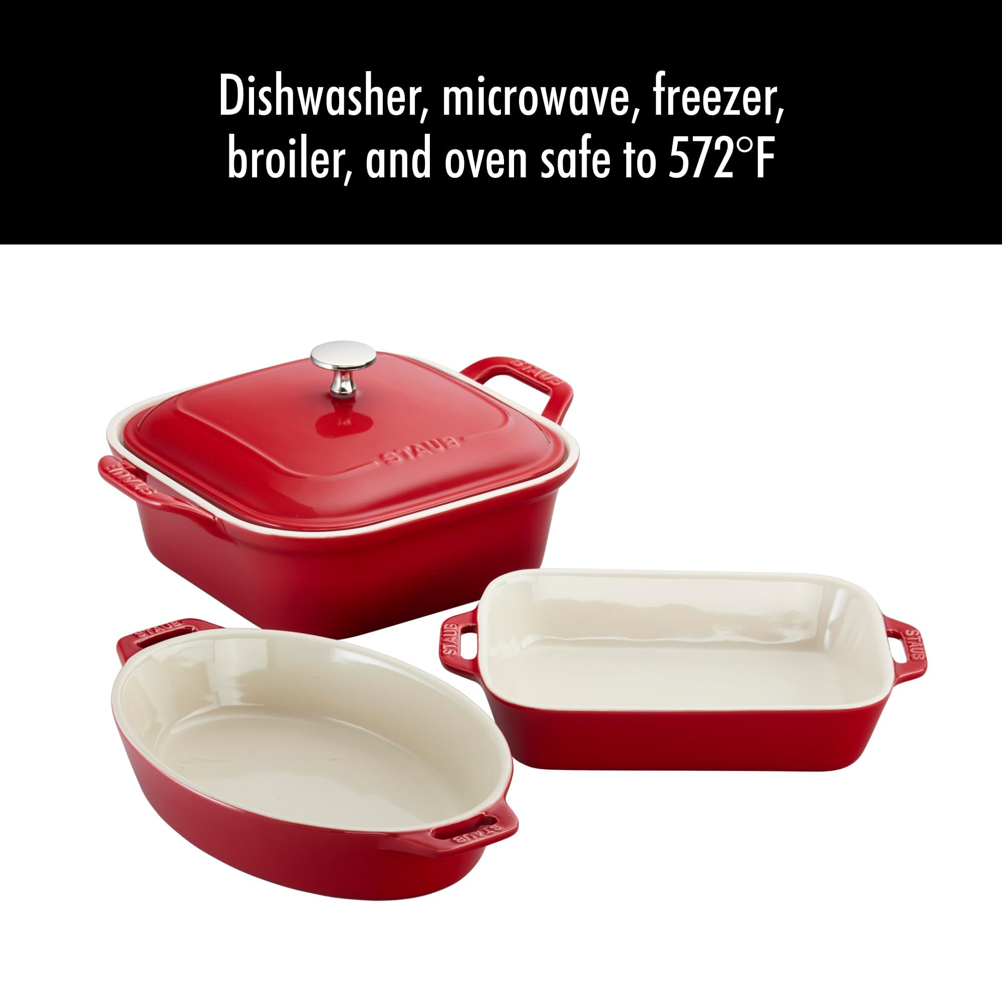 Staub Ceramic 4-Piece Baking Set - Casserole Dish with Lid, Brownie Pan, Cherry Red | Perfect for Oven Baking, Casseroles, Brownies & Desserts