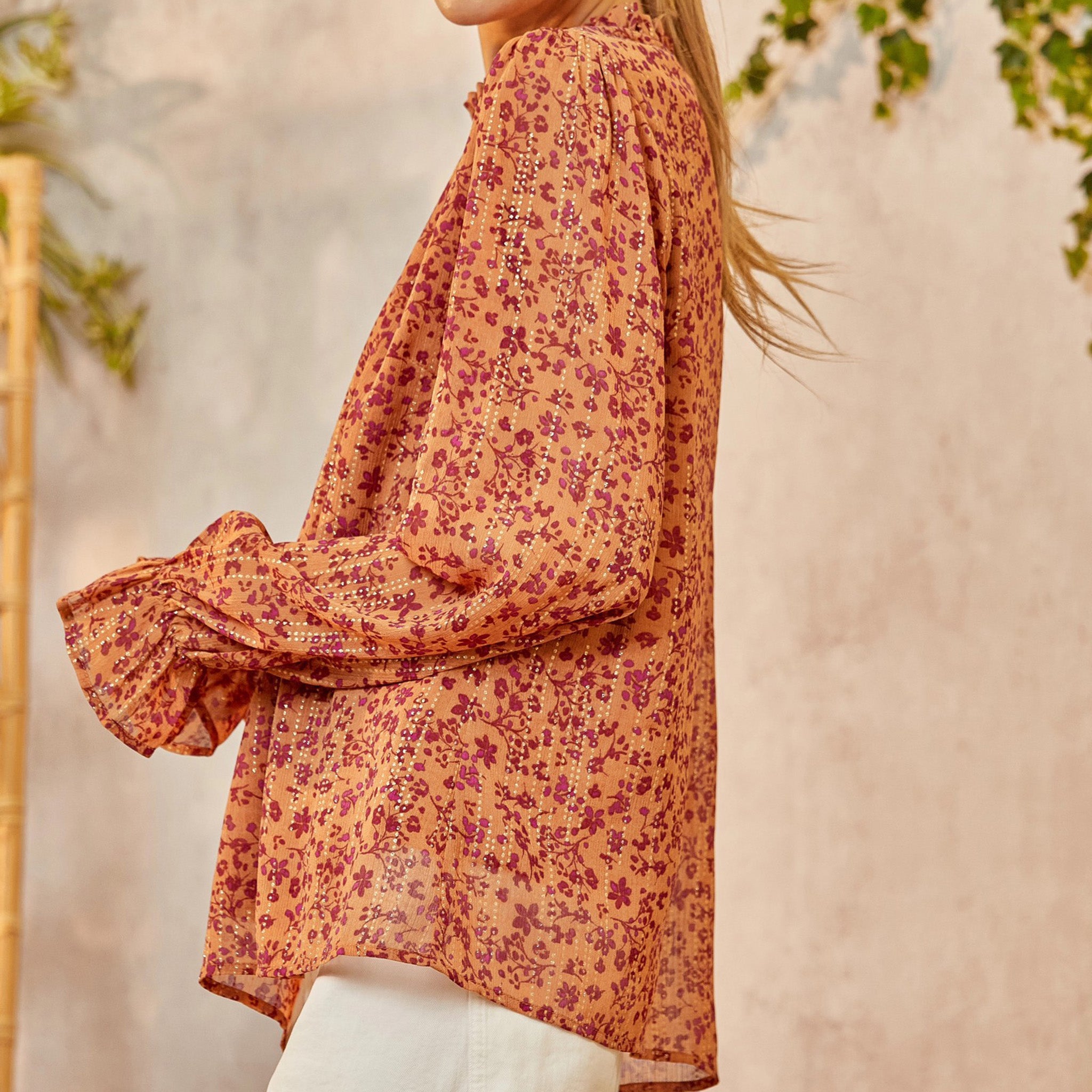 Andree Women's Rust & Plum Floral Blouse - Elegant Long Sleeve Tops for Work, Party & Date Night | Comfortable & Stylish Blouse for Women