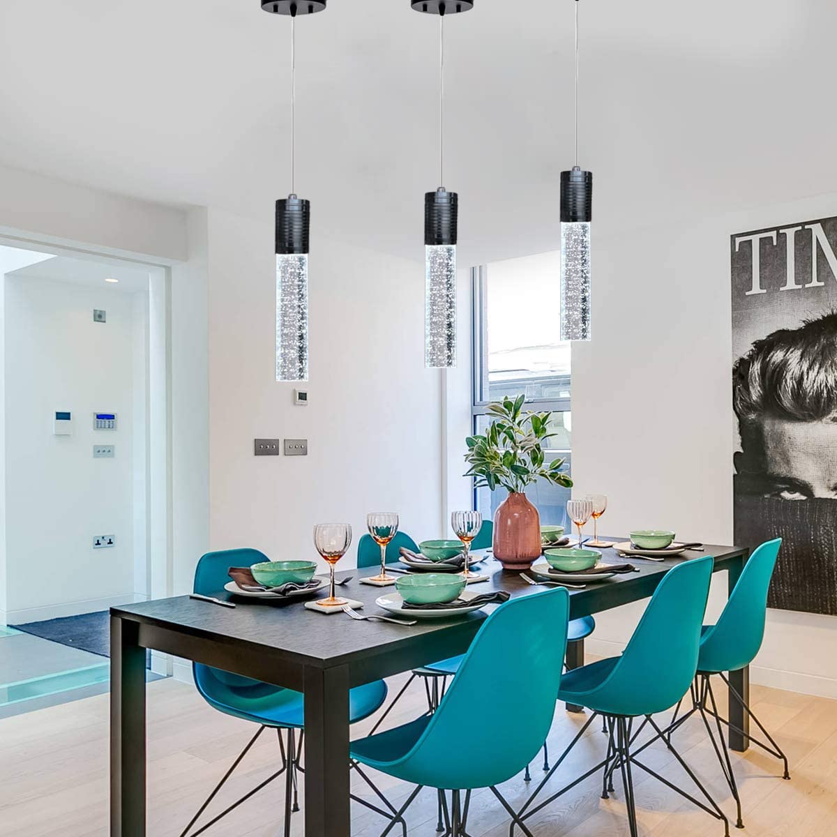 3-Light Black Linear Pendant Lighting Fixture for Kitchen Island & Dining Room - Modern Chandelier with Daylight Bulbs Included - Perfect for Contemporary Home Decor & Restaurant Ambiance