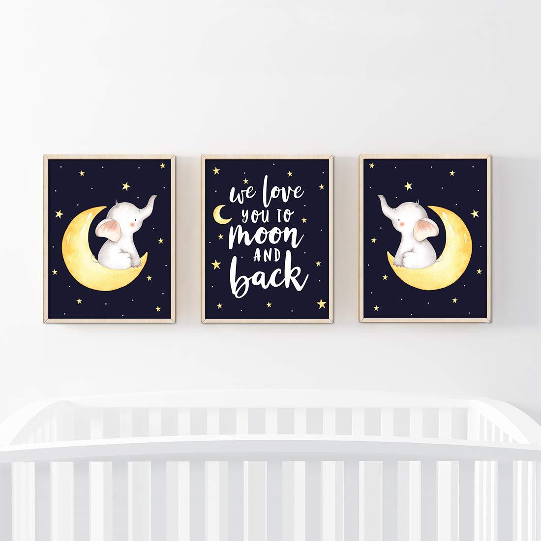 Andaz Press Nursery Kids Room Art - 3-Pack Unframed Wall Art Posters (8.5x11 Inch) - We Love You to The Moon and Back Elephant Graphic - Baby Room Decor, Nursery Wall Decor, Kids Bedroom Decor - Perfect for Baby Showers, Birthday Gifts & Nursery Theming