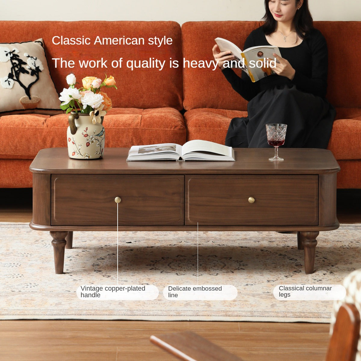 Solid Black Walnut Coffee Table & TV Stand Set - American Retro Style Living Room Furniture for Home Decor