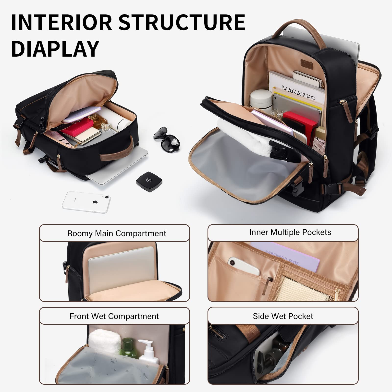 Stylish 15.6 Inch Laptop Backpack for Women - Large Capacity Anti-Theft Computer Bag with Separate Laptop Compartment - Perfect for Work, Travel, College & Business Trips (Black)