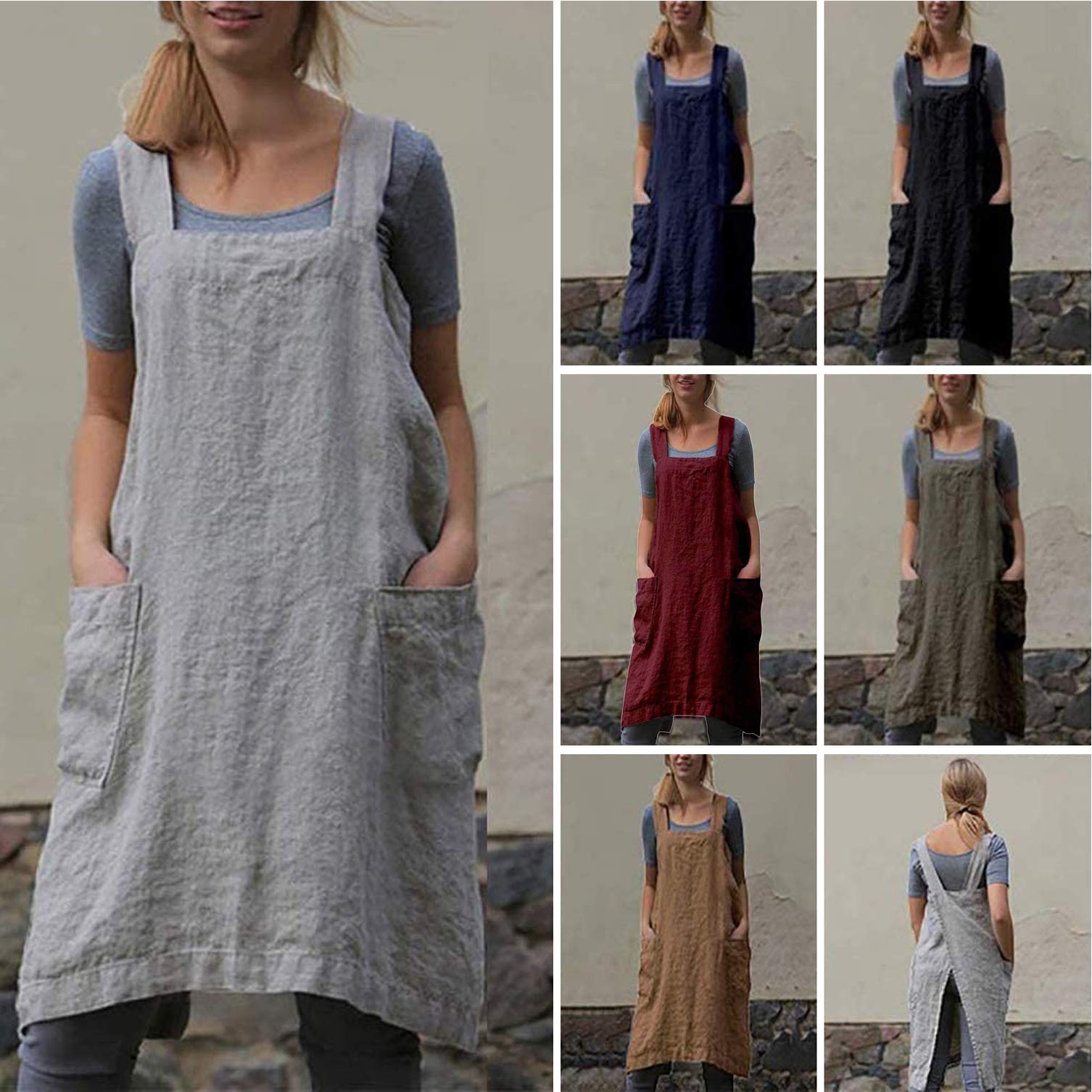 Premium Cotton Linen Apron for Women - Cross Back Adjustable Pinafore Dress with Pockets - Perfect for Baking, Cooking, BBQ & Kitchen Activities