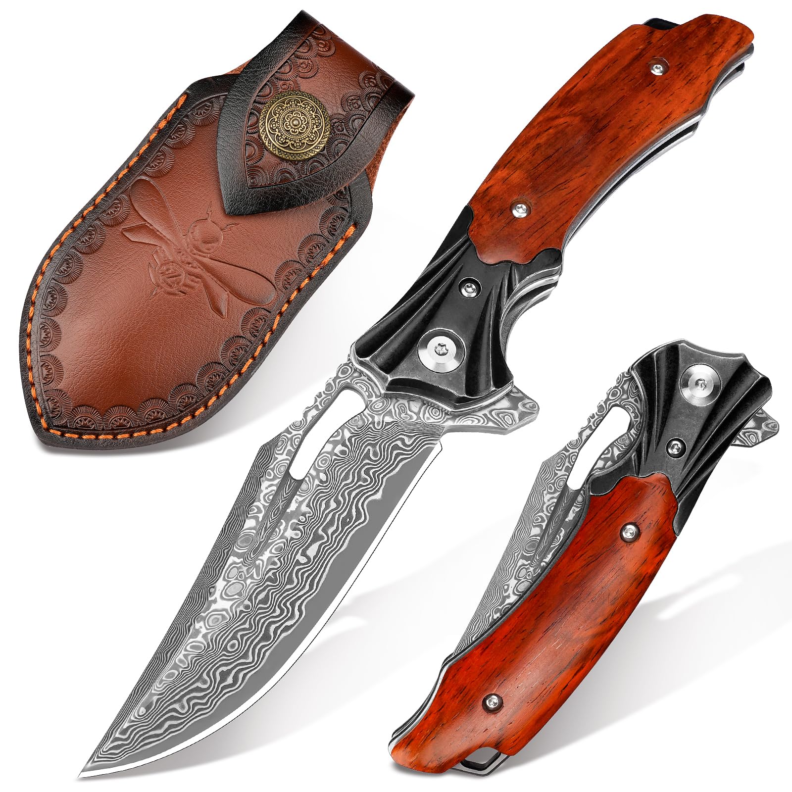 Premium Damascus Steel Folding Pocket Knife with Wood Handle & Sheath - 3.15