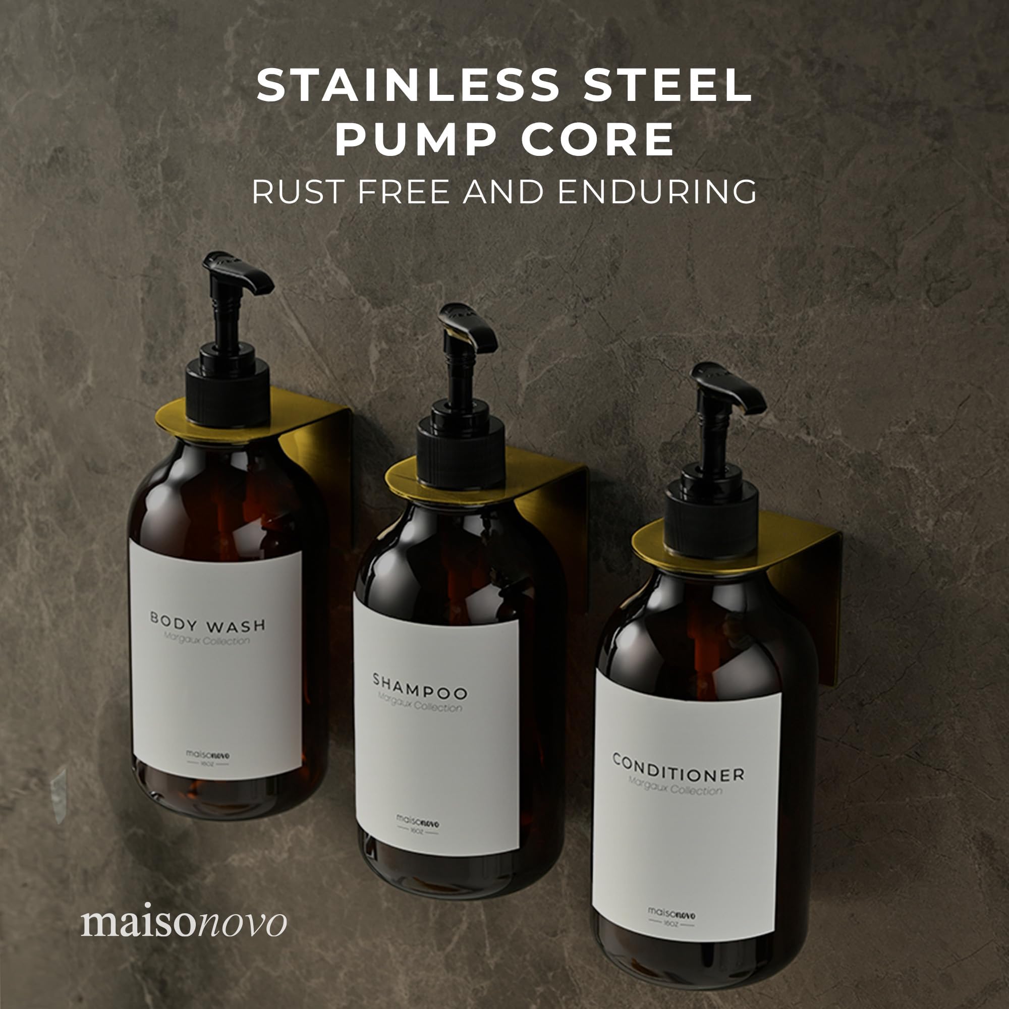 **MaisoNovo 3-Chamber Shampoo & Conditioner Dispenser Set - Wall Mounted Shower Soap Dispenser with Black Pump - 16.9 fl oz Amber Plastic Bottles - No Drill Installation - Perfect for Bathroom, Spa & Gym Organization**