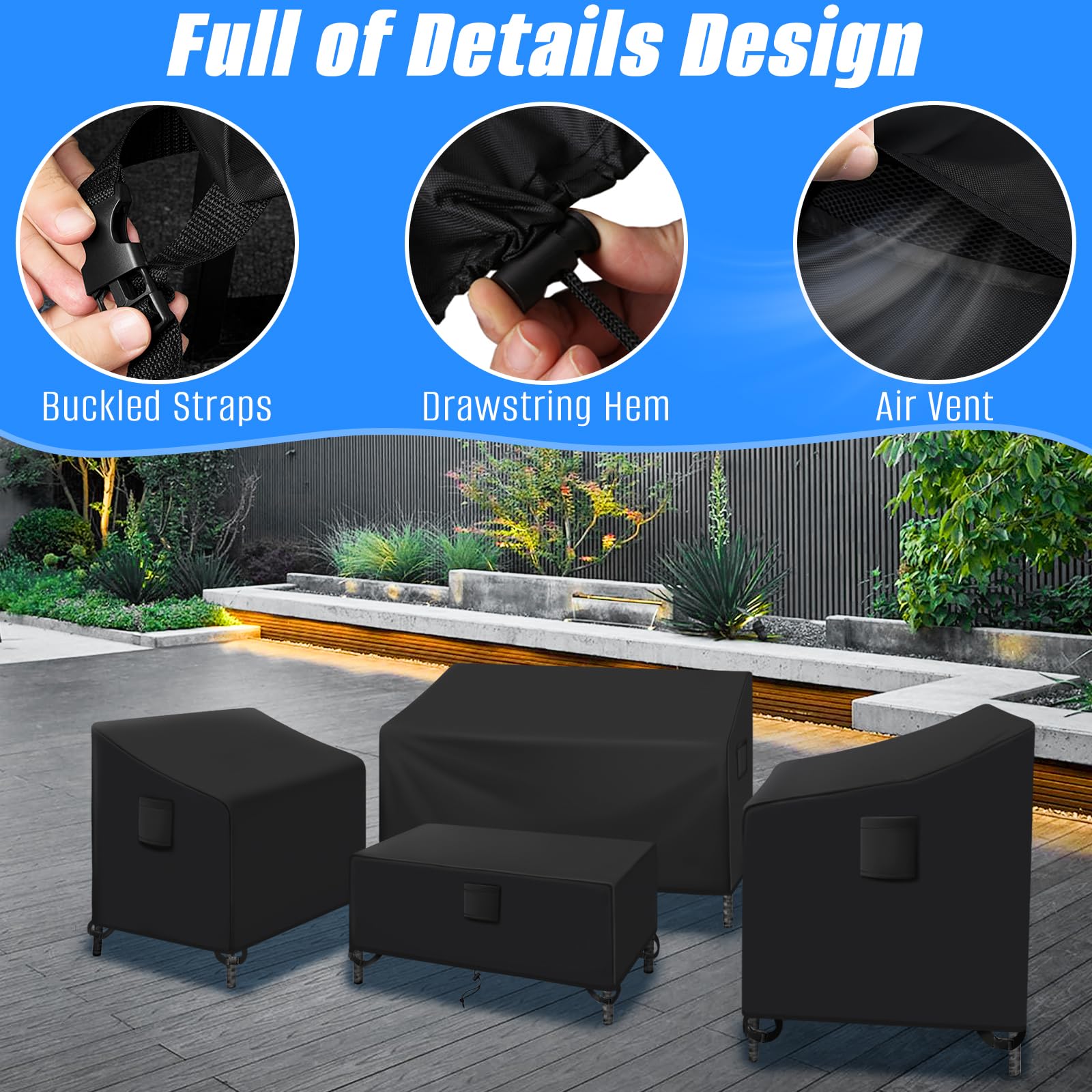 SIRUITON 4-Piece Waterproof Patio Furniture Covers Set - Heavy Duty Durable Outdoor Furniture Covers for Chairs, Couch & Coffee Table - All-Weather Protection for Backyard, Deck, Garden (Black)