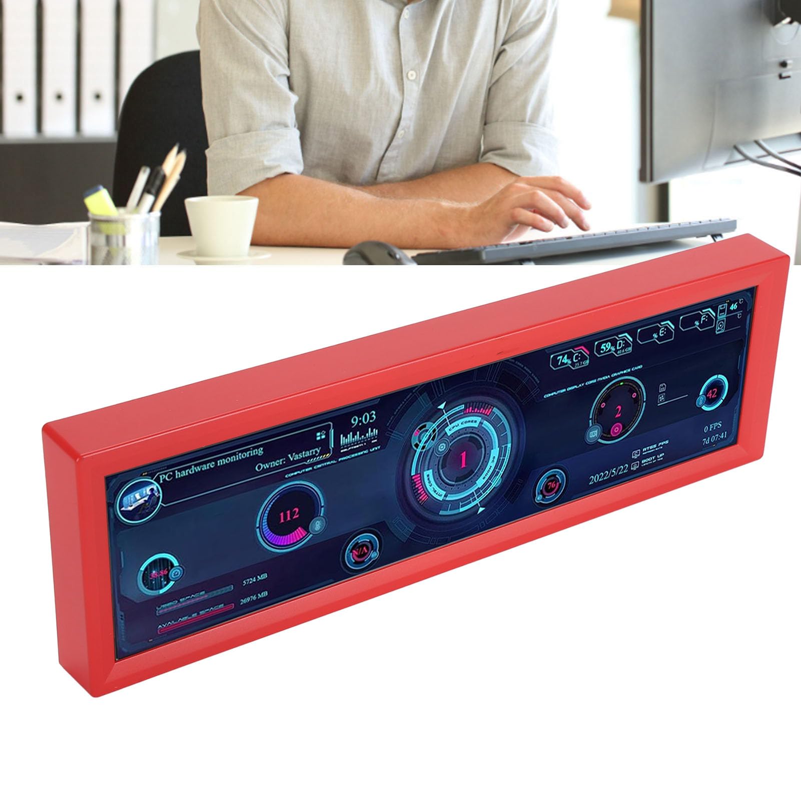 Sxhlseller 8.8 Inch PC Temperature Monitor with HD IPS 1920x480 LCD Screen - CPU/GPU Data Secondary Display (Red) for Gaming Rigs, Workstations & PC Builds - Perfect for Real-Time System Monitoring & Custom PC Setups