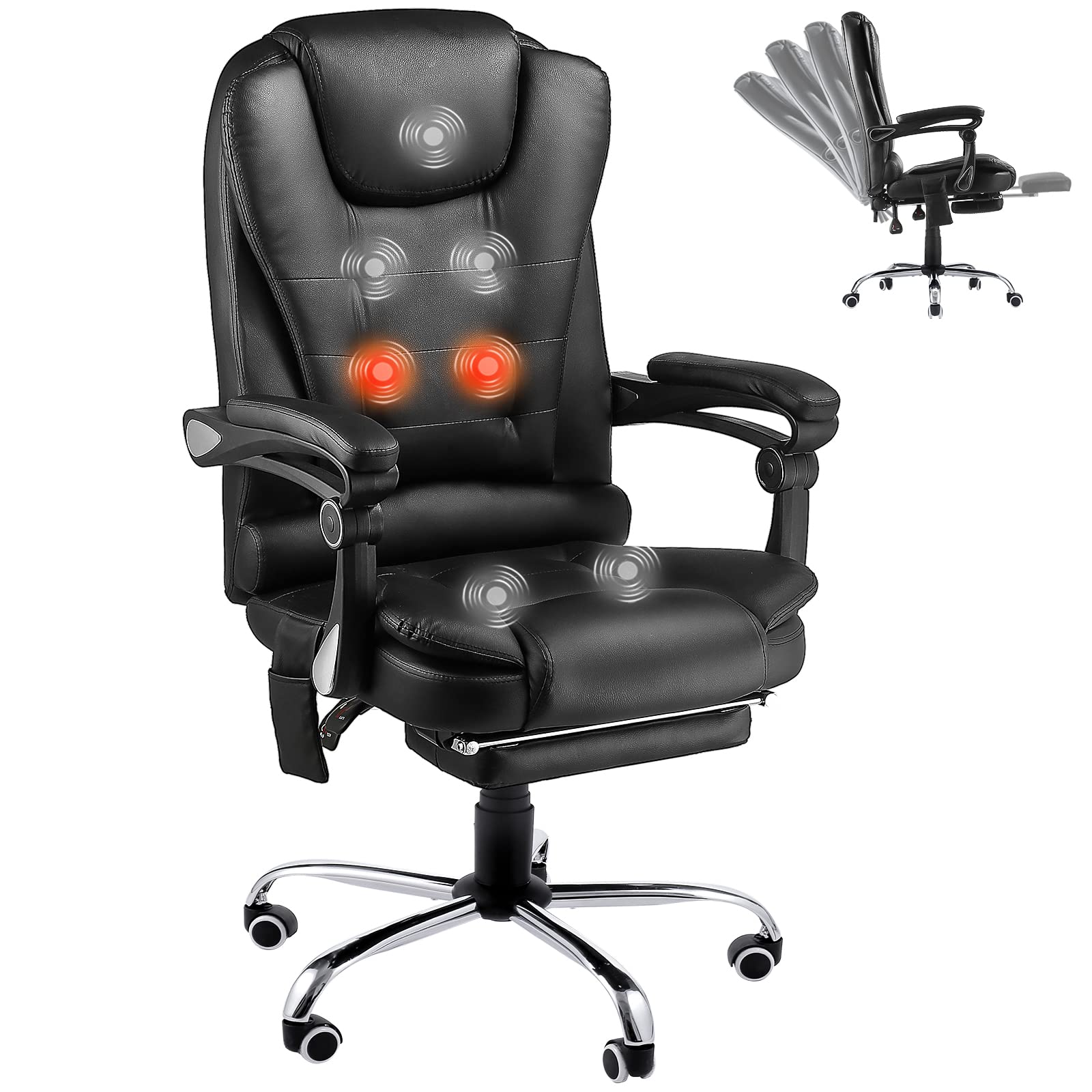Ergonomic Heated Massage Office Chair - Adjustable Height PU Leather Executive Desk Chair with Lumbar Support - Perfect for Home Office, Gaming & Computer Work (Black)
